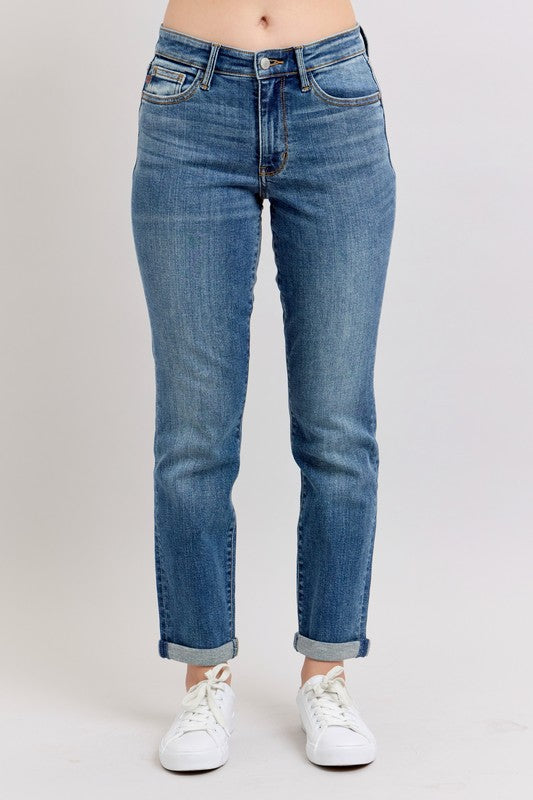 Judy Blue Women's Plus Size Mid Rise Skinny Jeans with Cuff & Pockets - Comfortable Stretch Denim for Casual Wear & Everyday Outfits