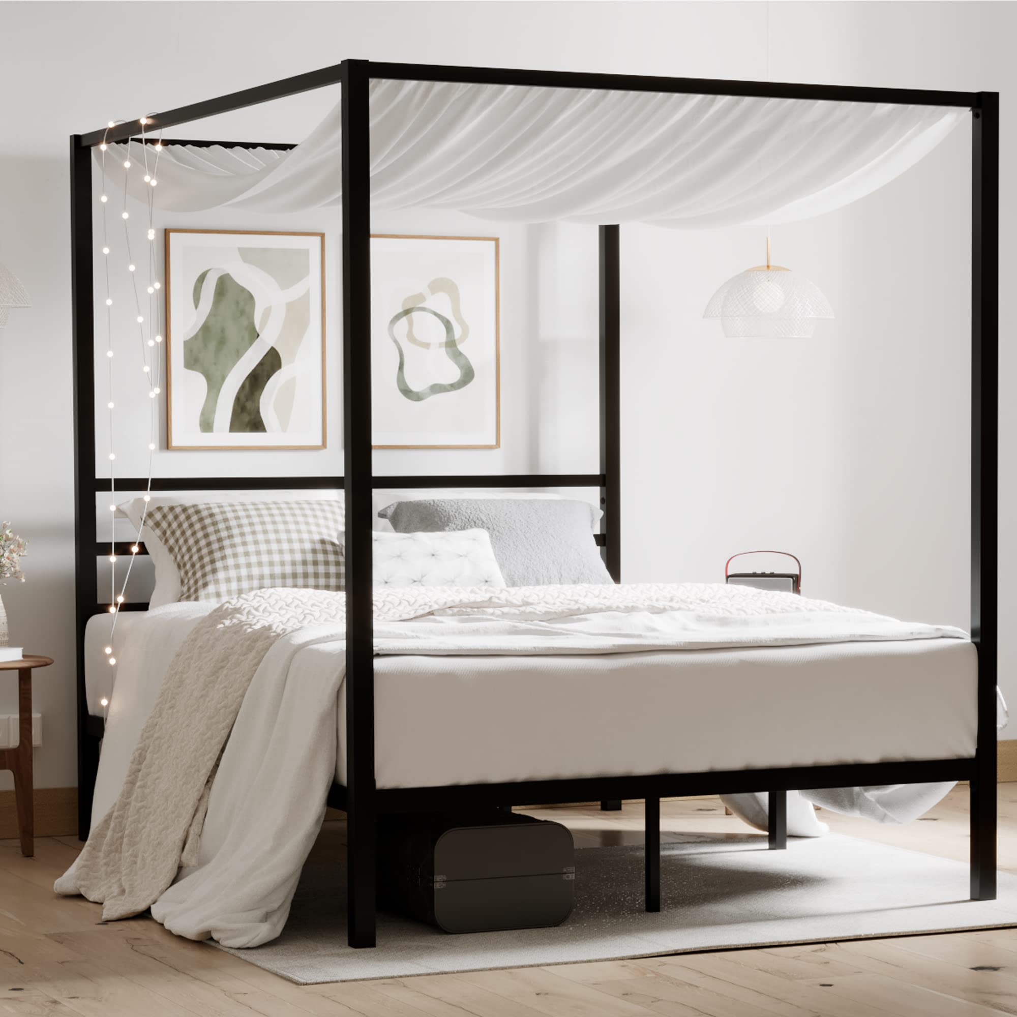 ikalido Queen Size Metal Canopy Bed Frame - Modern Four Poster Platform Bed with Mattress Foundation & Under Bed Storage | No Box Spring Needed | Black | Perfect for Master Bedrooms, Guest Rooms & Modern Apartments