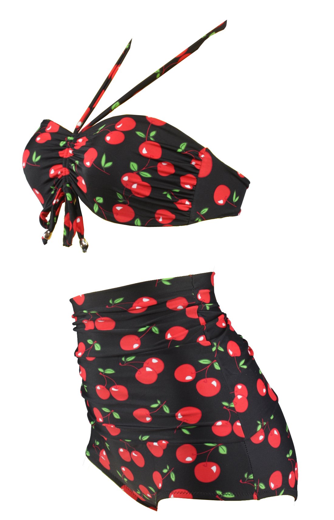Vintage High-Waisted Bandeau Bikini for Women - Rockabilly Cherry Print Swimwear for Beach, Pool & Summer Vacations