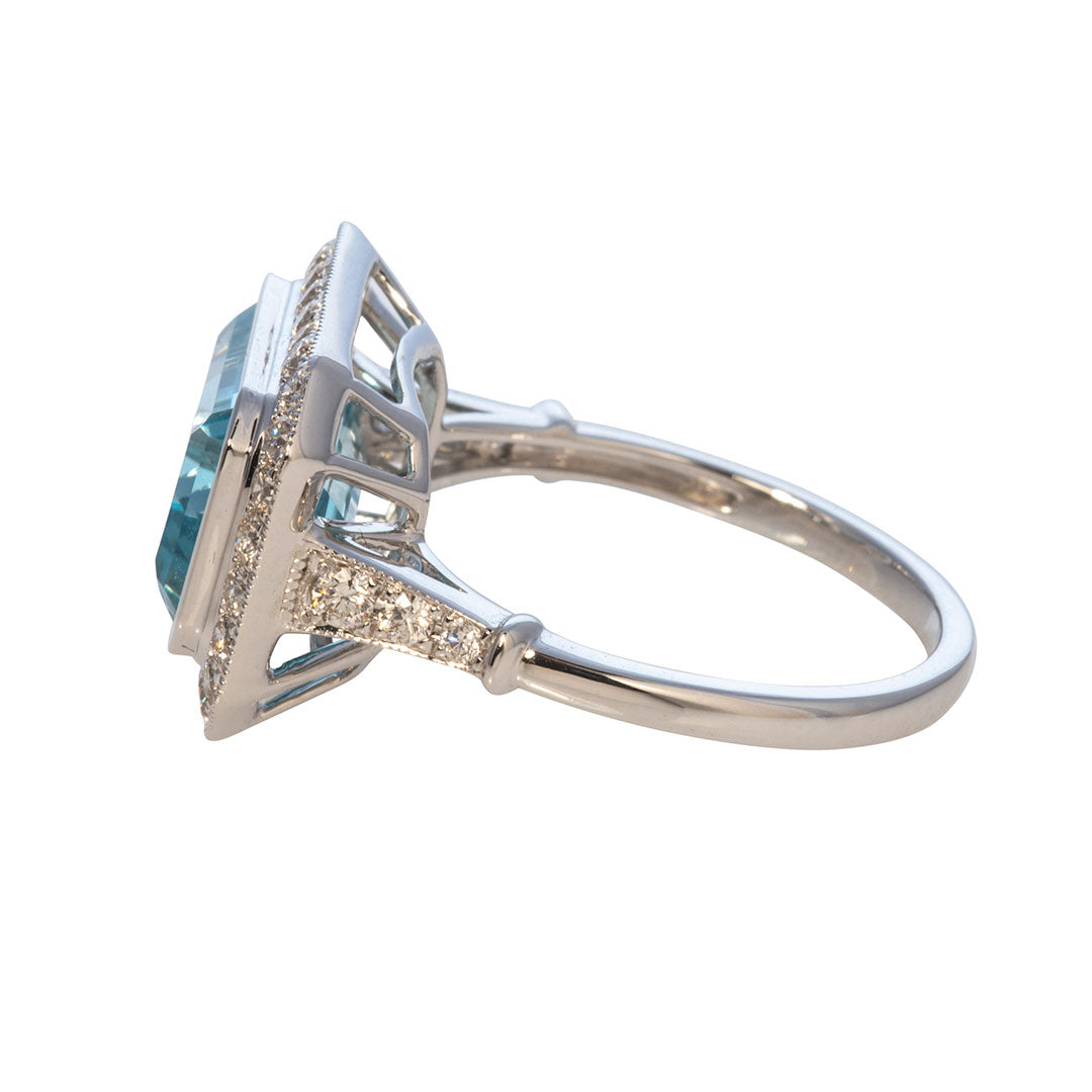 Emerald Cut Blue Topaz & Diamond Milgrain 18K White Gold Ring for Women - Elegant Engagement, Wedding, Anniversary Jewelry Gift