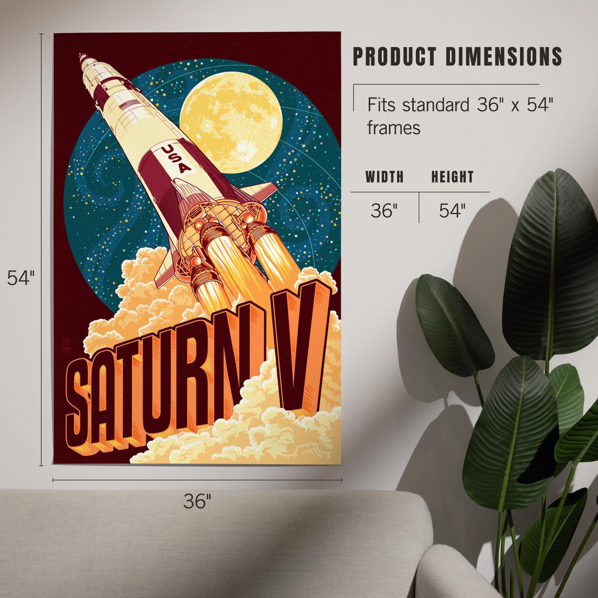 Lantern Press 36x54 Inch Giclee Art Print - Saturn V Stylized Wall Decor for Living Room, Bedroom & Office | Premium Canvas Painting for Space Enthusiasts & NASA Fans