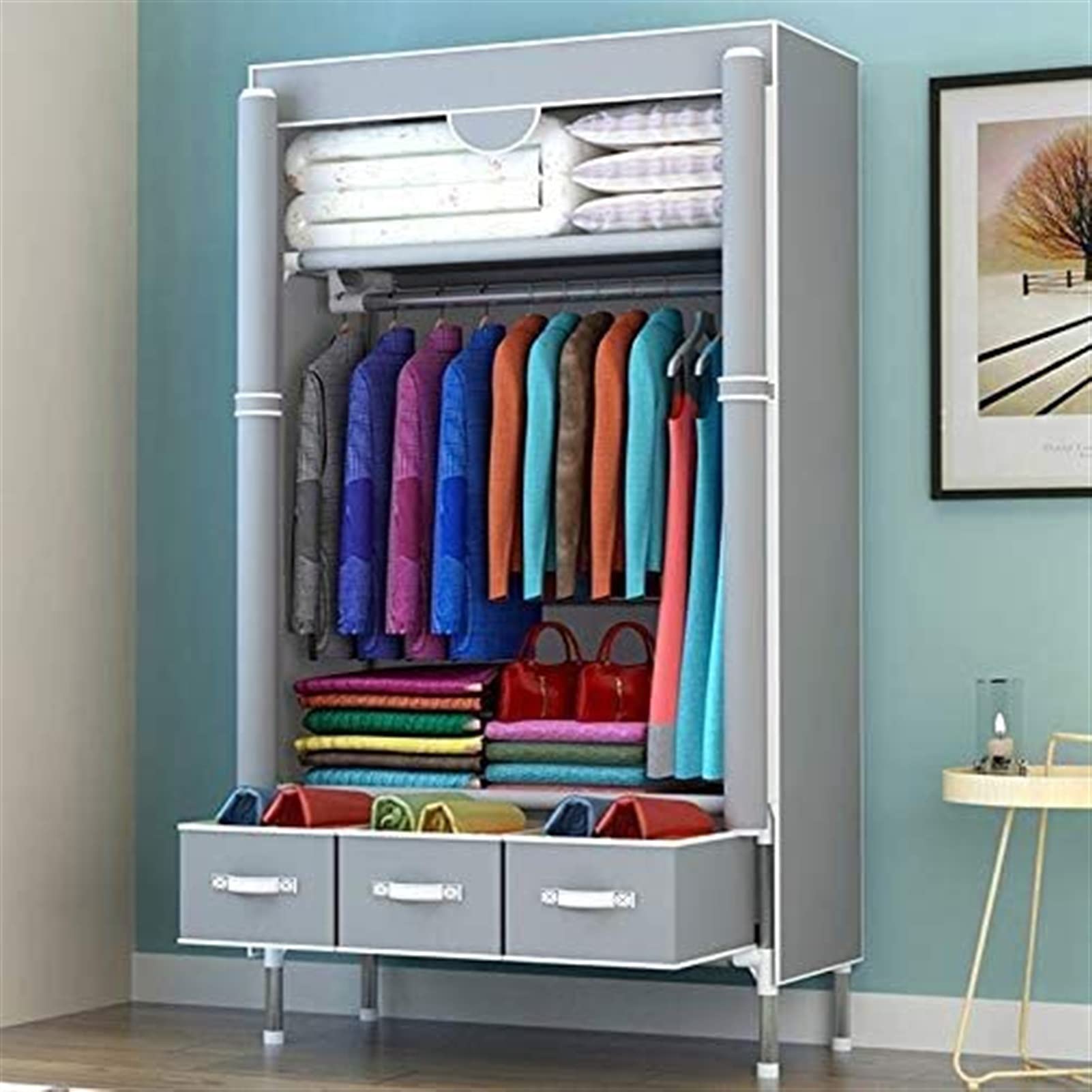 FANJIANI Foldable Clothes Storage Cabinet - Portable Wardrobe Organizer with Dustproof Fabric for Bedroom, Closet & Home | Space Saving Furniture for Small Apartments & Dorm Rooms (Color: B)