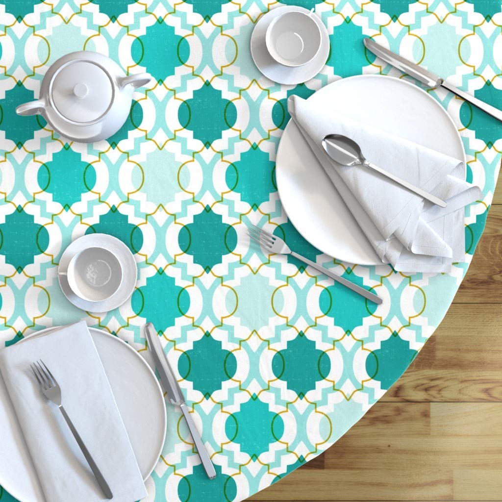 Custom Teal Midcentury Modern Geometric Print Cotton Sateen Tablecloth - 70