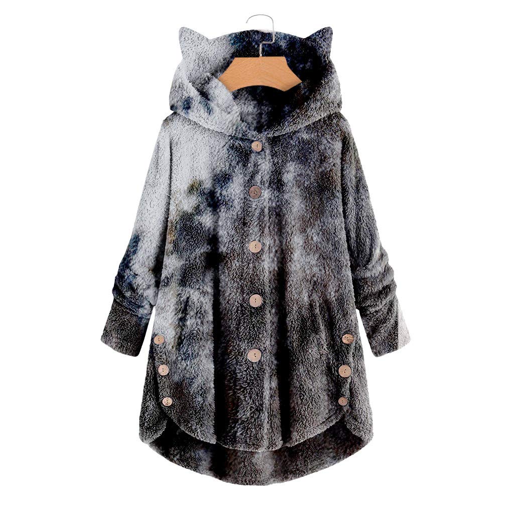 Women's Winter Fashion Plush Pocket Tie-Dye Long Sleeve Cat Ear Warm Casual Coat | Cozy Outerwear for Cold Weather, Street Style & Cat Lovers