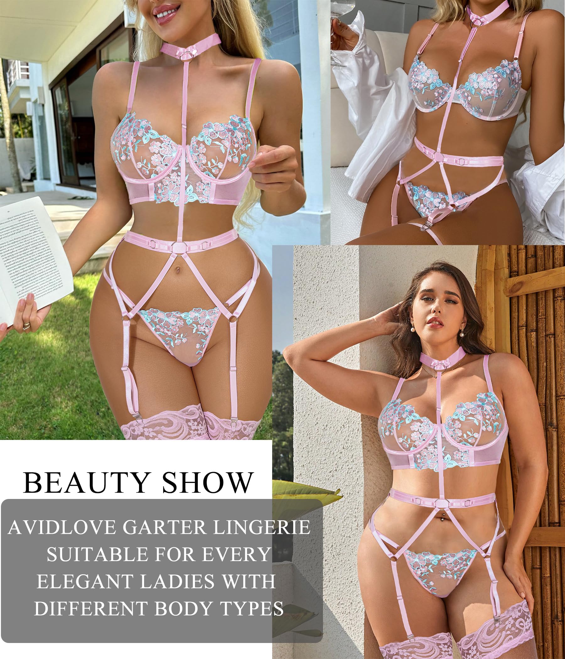 **Avidlove Women's Sexy Garter Lingerie Set - Floral Embroidered Underwire Bra & Removable Choker - Perfect for Valentine's Day, Bridal, or Boudoir Photography**