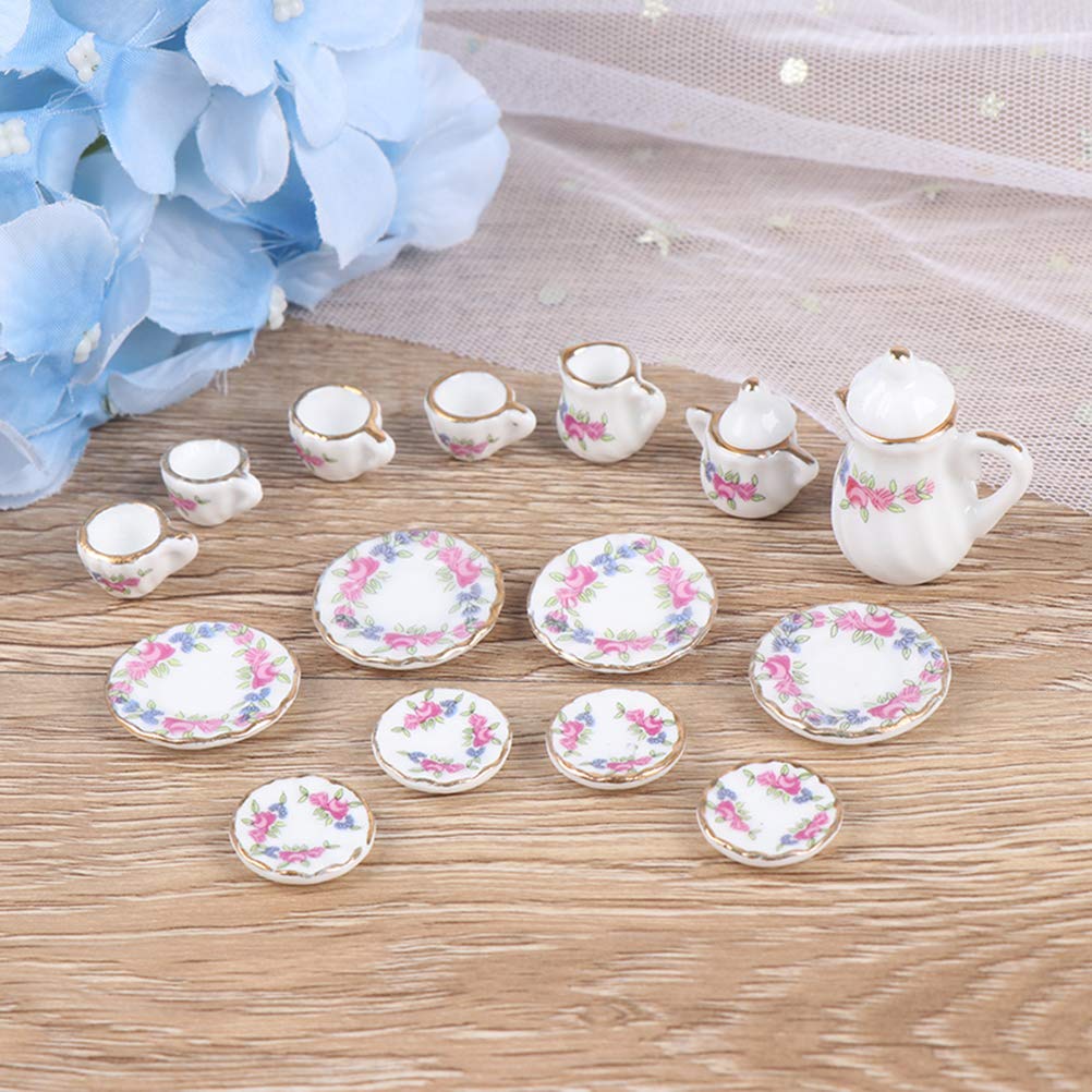 Eyomii 15-Piece Miniature Porcelain Dollhouse Tableware Set - Plates, Bowls, Tea Cups for Dollhouse Kitchen Accessories | Perfect for Dollhouse Decor, Miniature Displays & Collectibles