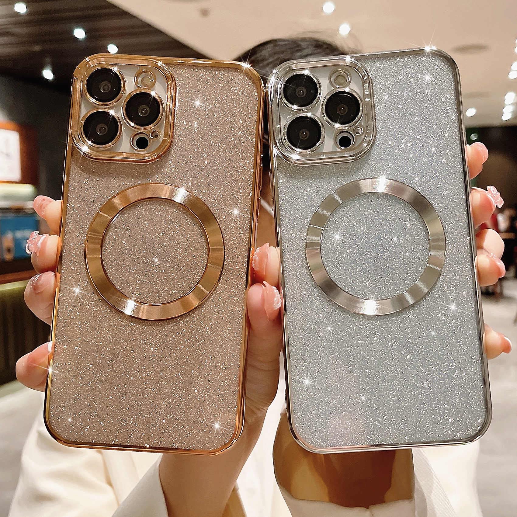 MGQILING Magnetic Glitter Phone Case for iPhone 12 Pro - Luxury Gold Plated Bling Clear Cover with Camera Protector | MagSafe Compatible | Cute Protective Case for Women & Girls | Perfect for Parties, Dating & Everyday Use