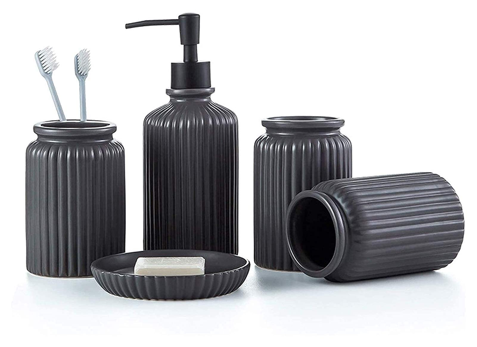 Luxury Ceramic Soap Dispenser Set - 5-Piece Bathroom Countertop Organizer with Soap Dish & Toothbrush Holder | Elegant Hotel Decor for Home, Spa, and Guest Bathroom Accessories