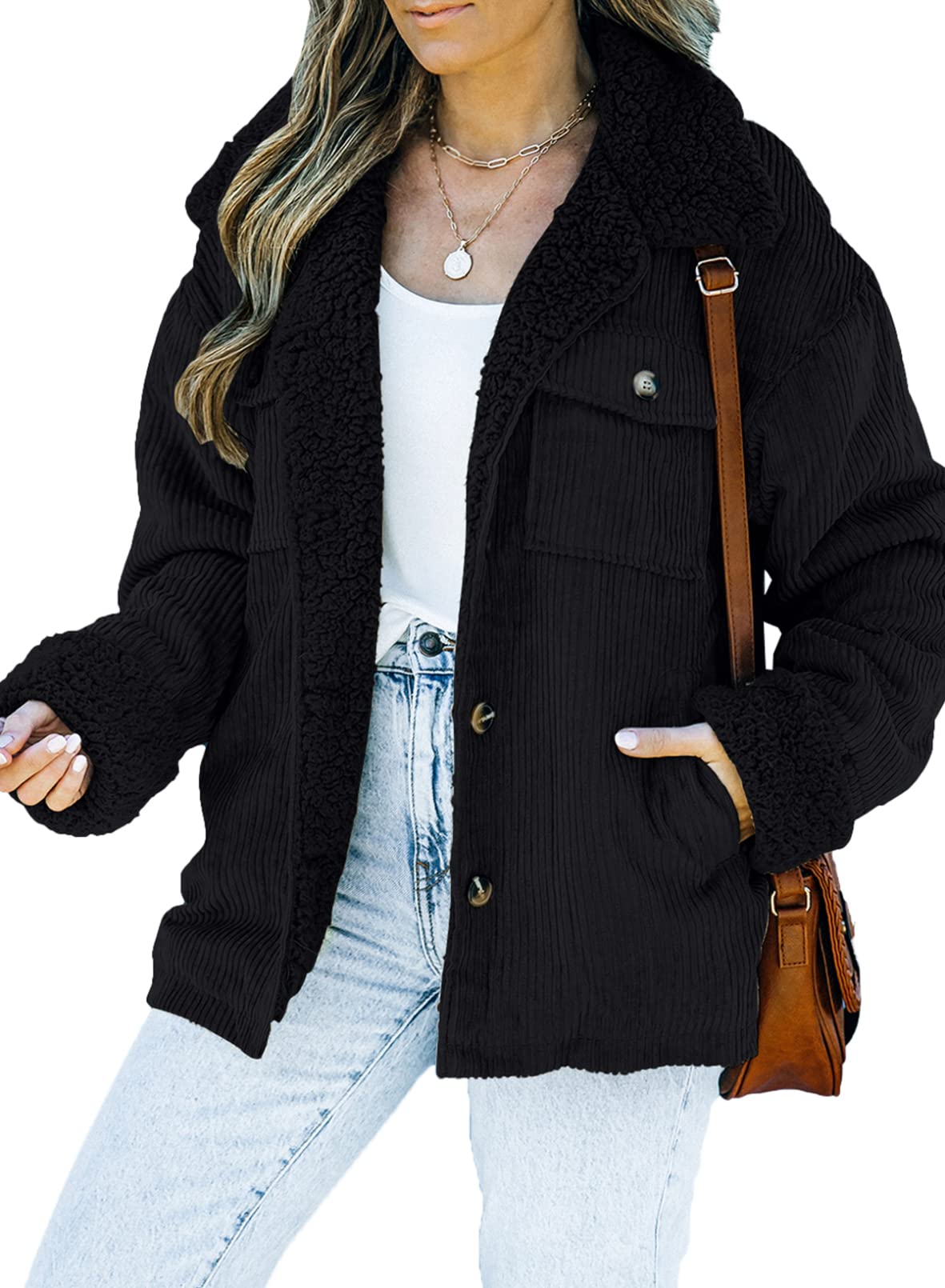 Dokotoo Women's Corduroy Sherpa Jacket with Fleece Lining & Fur Collar - Winter Warm Button Down Coat for Casual Outfits, Outdoor Activities, and Cold Weather Fashion