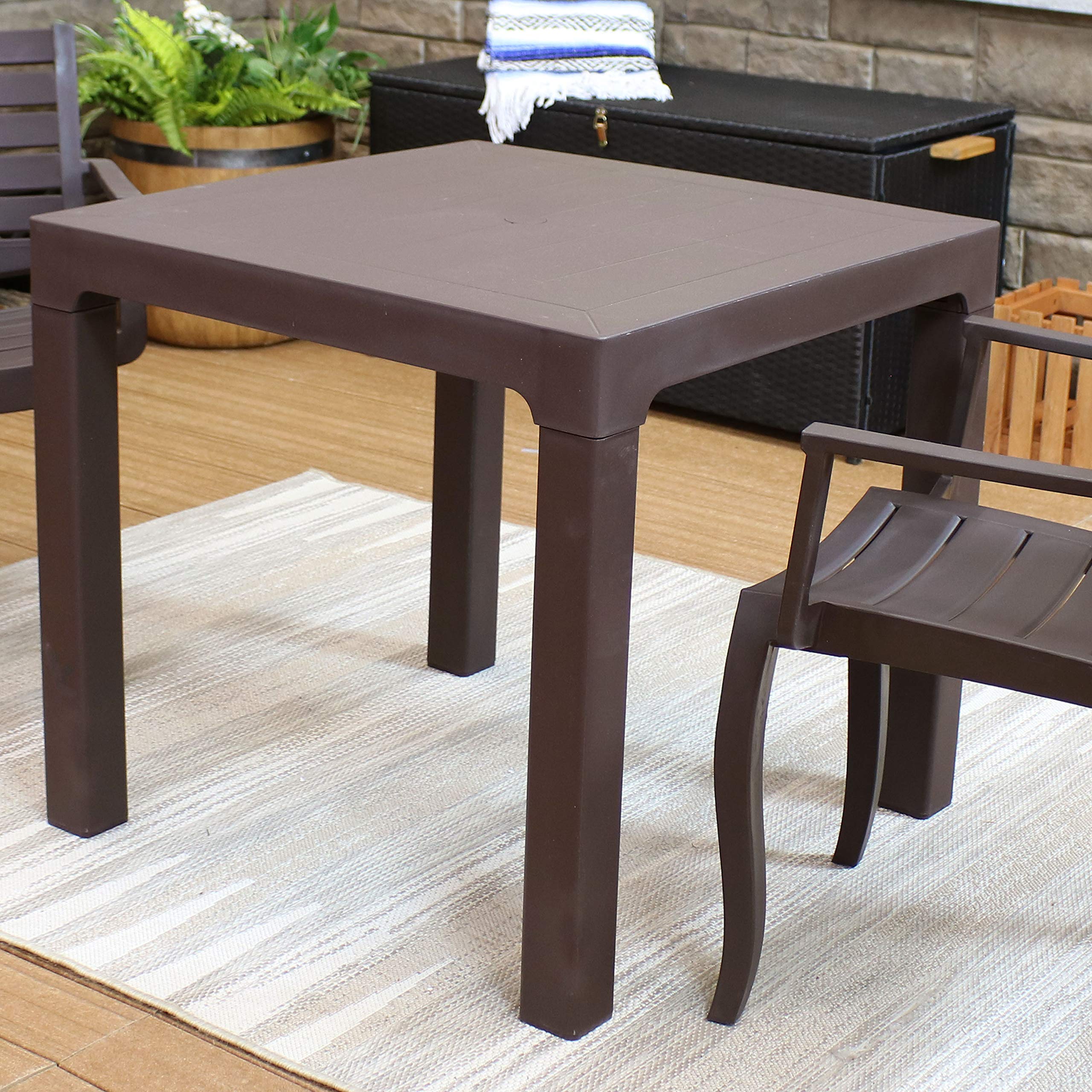 31-Inch Square Plastic Dining Table for Indoor & Outdoor Use - Weather-Resistant Brown Table for Patio, Garden, or Backyard Dining | Sunnydaze