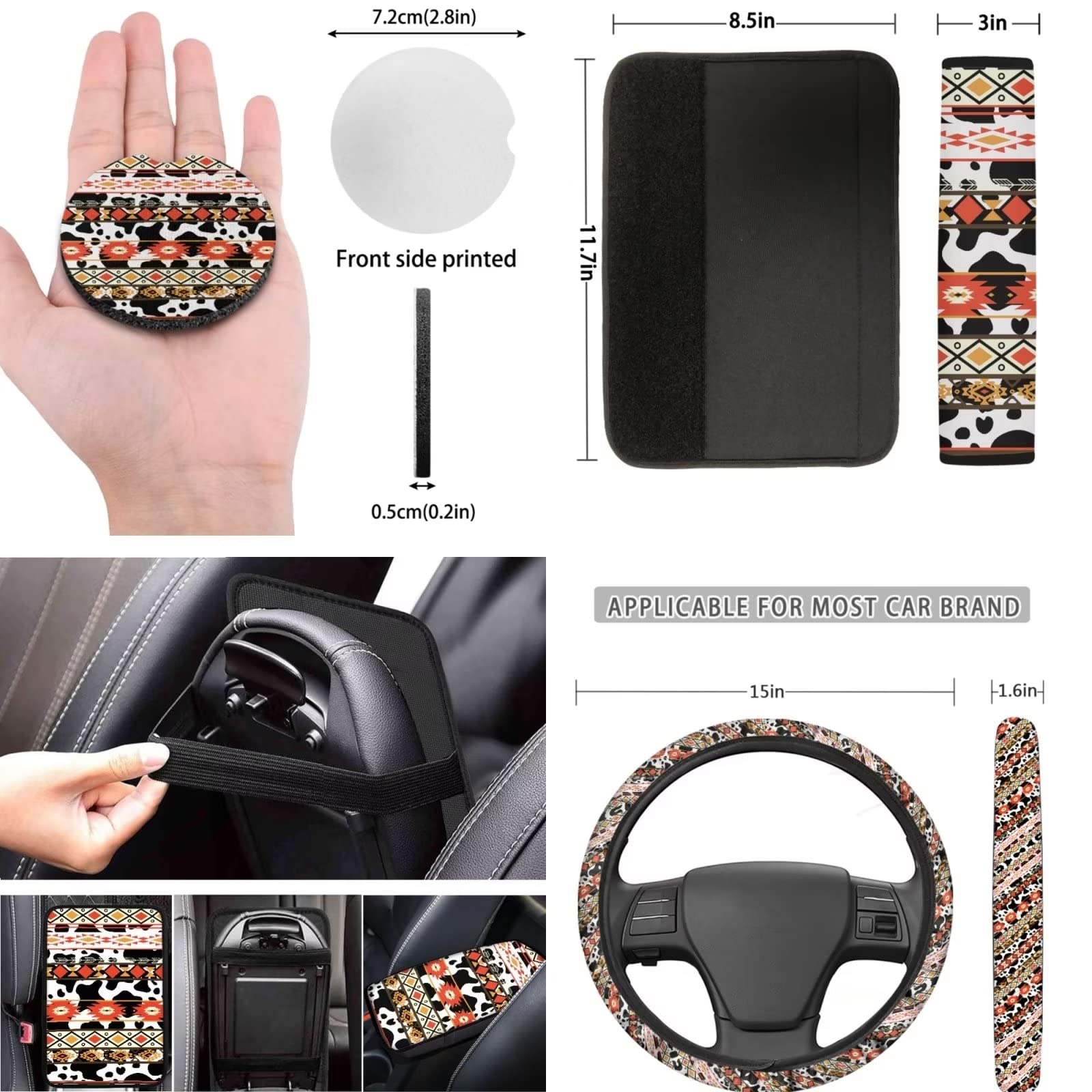 12-Piece Aztec Cow Print Car Seat Covers Set - Neoprene Steering Wheel Cover, Armrest Pads, Seat Belt Covers & Coasters - Stylish Car Accessories for SUV, Truck & Sedan - Perfect for Road Trips & Daily Commute