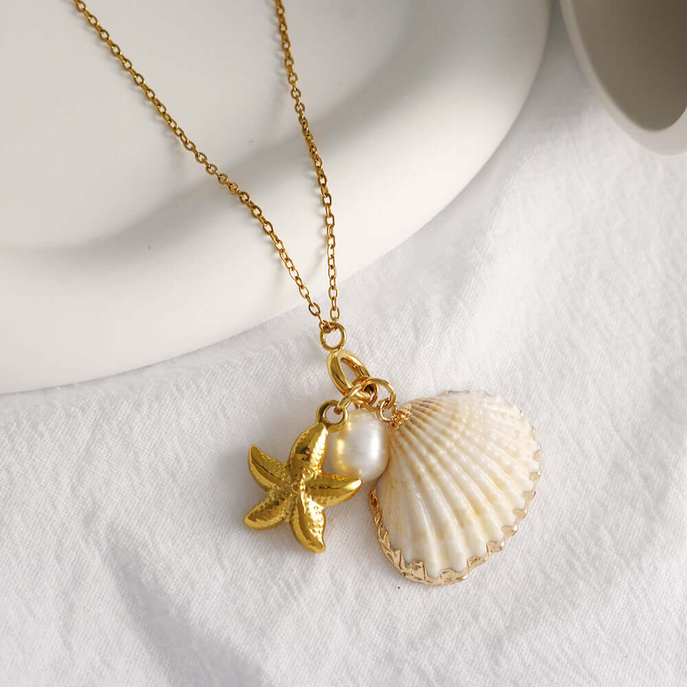 Beach Shell Coconut Girl Starfish Pendant Necklace - Boho Coastal Jewelry for Women | Perfect for Summer Vacations, Beach Weddings & Tropical Getaways | JDN031