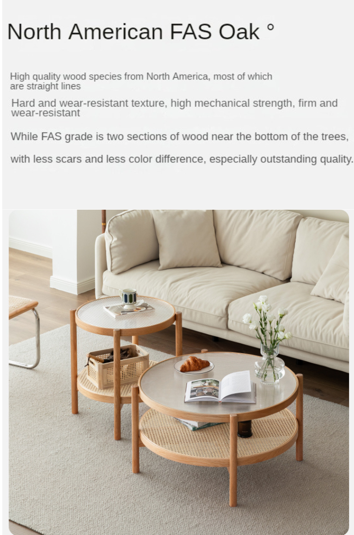 Stylish Oak Solid Wood Coffee Table with Glass Top and Rattan Accents - Perfect for Living Room, Lounge, and Home Decor