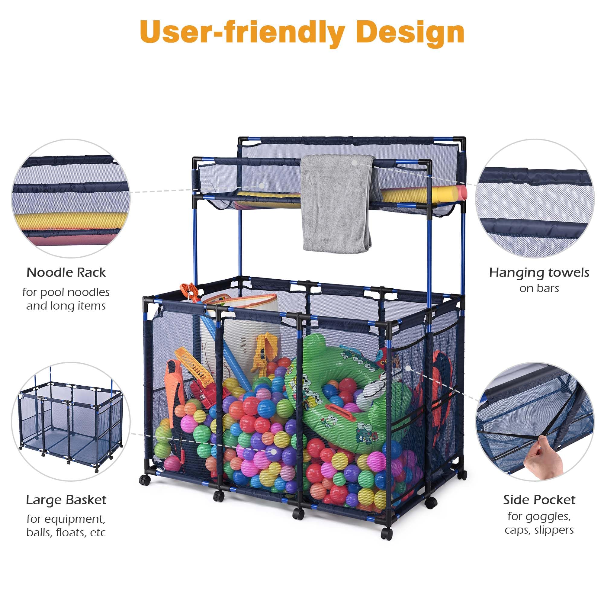 Yescom XX-Large 10-Wheel Rolling Pool Storage Bin - Double Decker Mesh Organizer with Noodle Holder | Heavy-Duty Metal Frame & Upgraded Connectors | 49