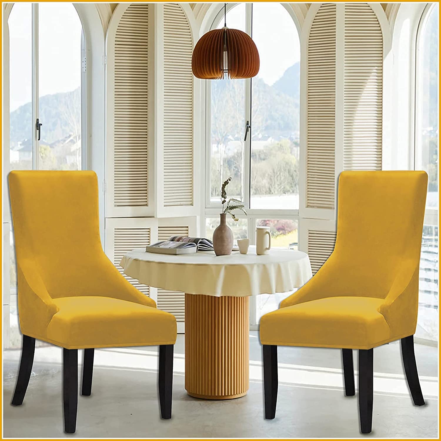 Velvet Dining Chair Covers - Stretchable Wingback Armchair Slipcovers (2 Pack, Yellow) | Soft Furniture Protectors for Dining Room, Hotel & Wedding Decor | Perfect for Home, Restaurant & Event Seating