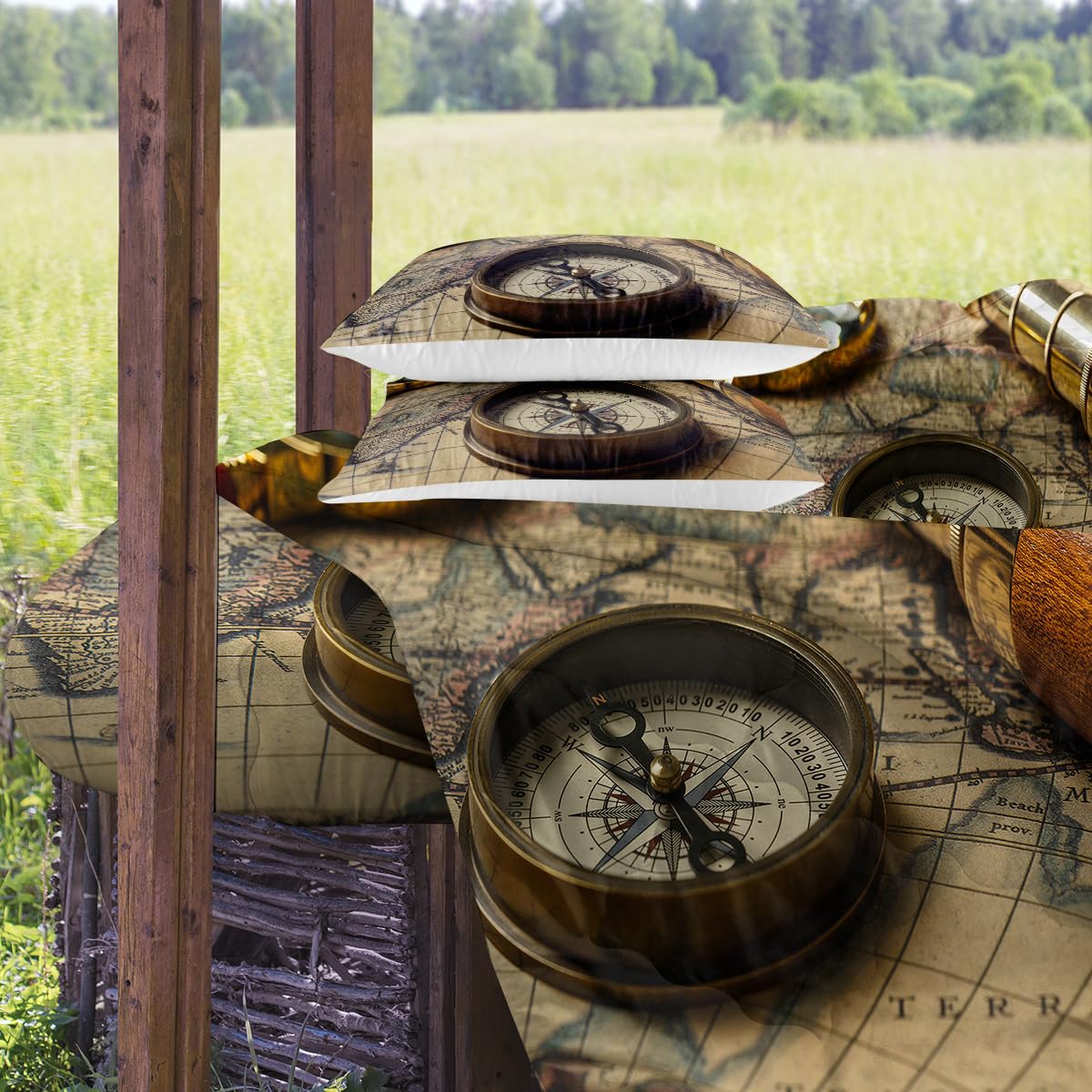 **Sleepwish King Size Nautical Comforter Set - Anchor & Compass Navigation Map Design, 4-Piece Pirate-Themed Bedding Set with Comforter, Shams & Cushion Cover - Perfect for Coastal, Adventure & Pirate-Themed Bedrooms**