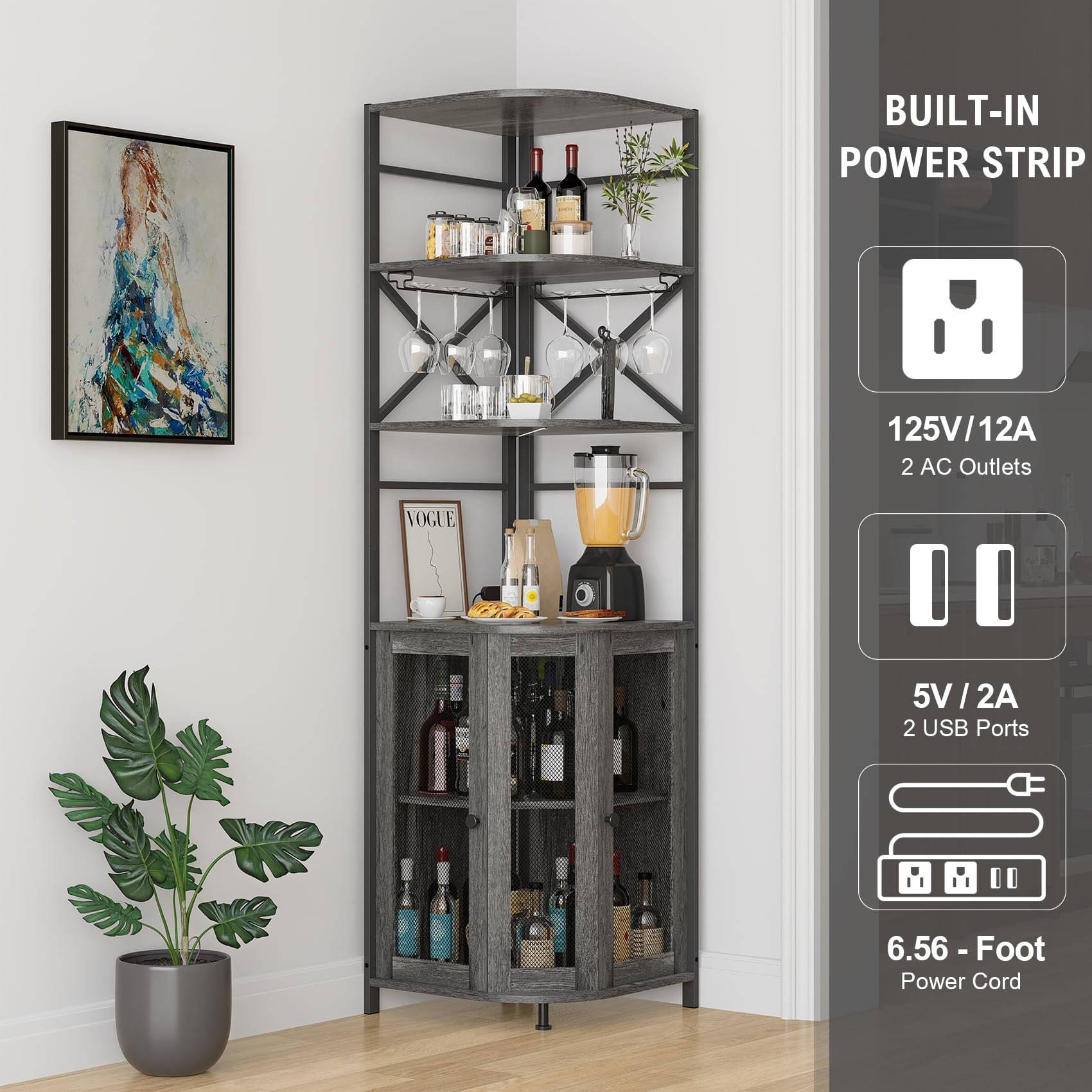 6-Tier Industrial Wine Bar Cabinet with LED Light, Power Outlet & Adjustable Shelves - Corner Liquor Storage with Glass Holder & Mesh Door - Perfect for Home Bars, Dining Rooms & Entertaining Guests