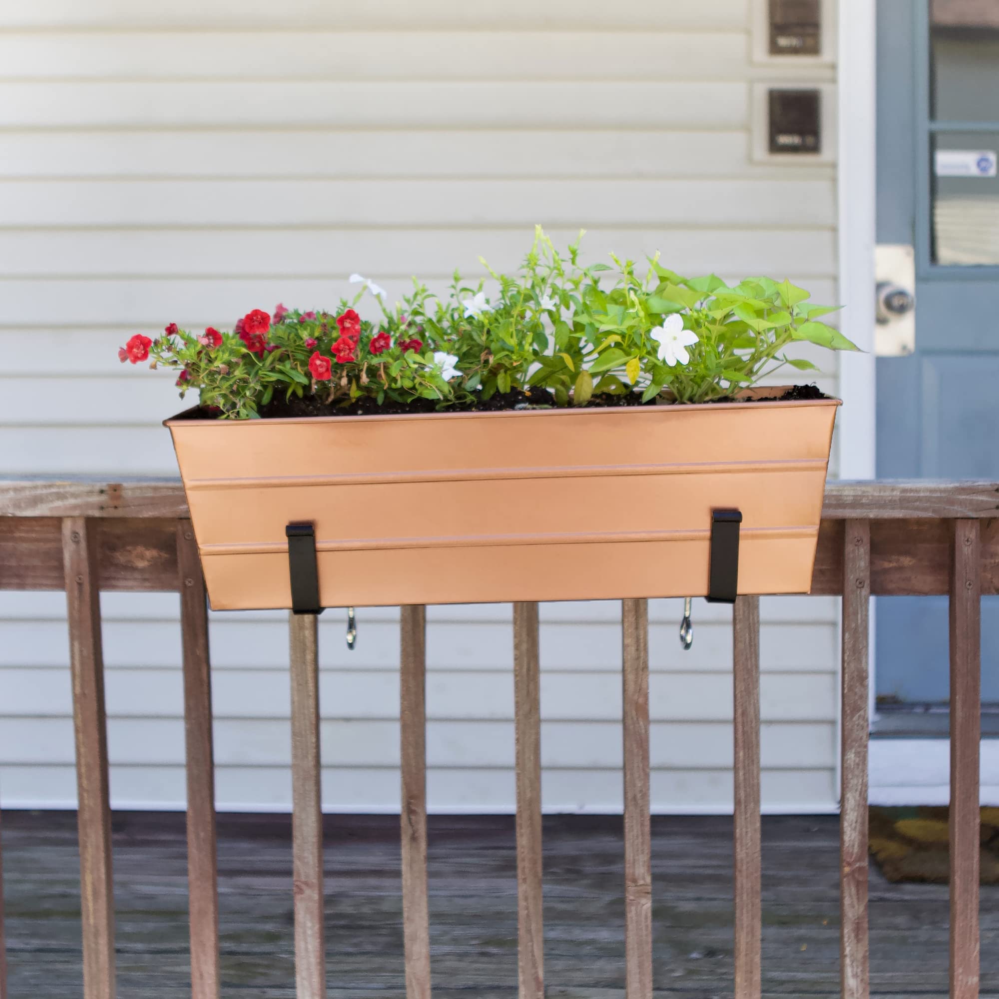 Achla Designs Medium Copper Flower Box with Clamp-On Brackets - Elegant Planter for Windowsills, Railings & Outdoor Decor - Perfect for Flowers, Herbs & Small Plants