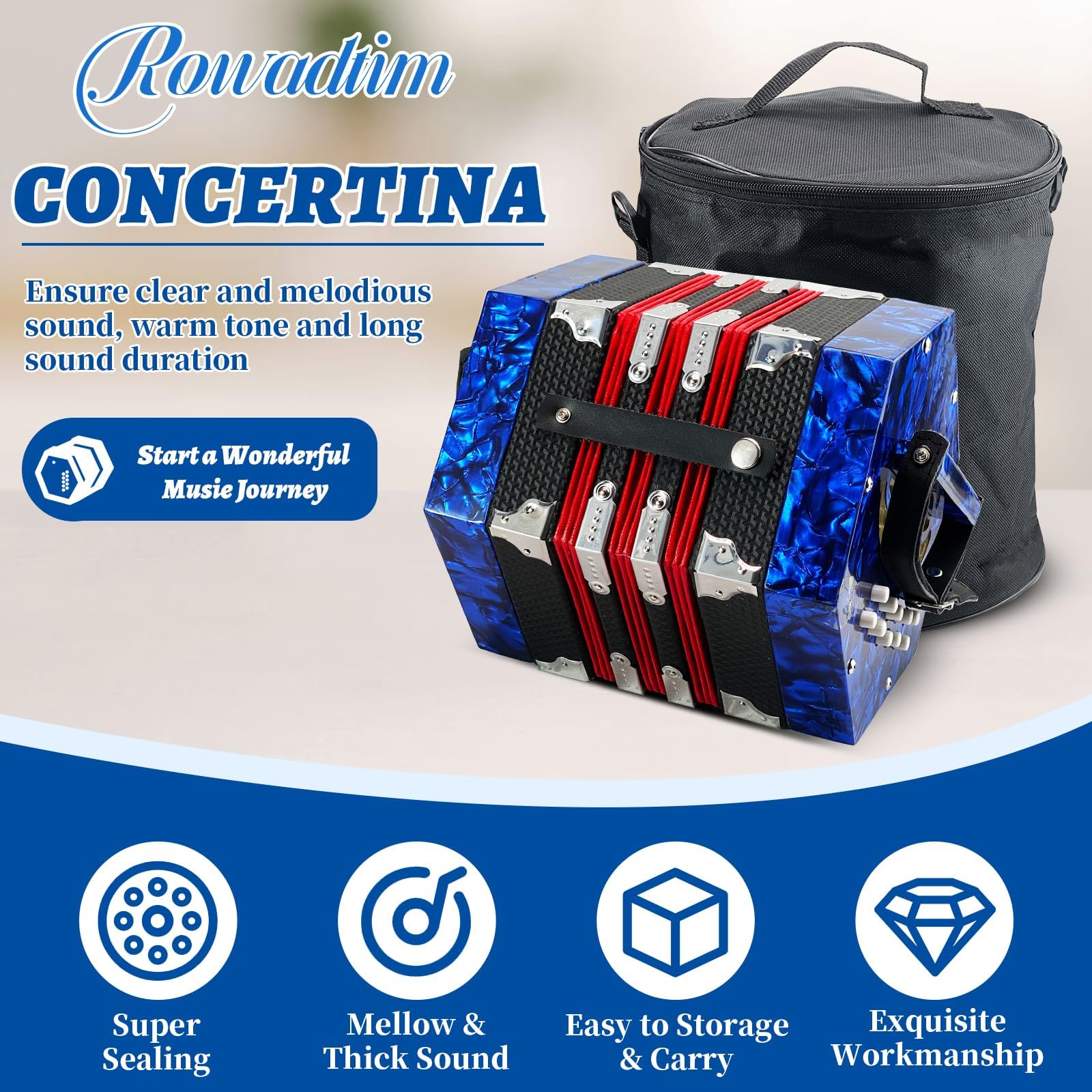 20-Key Professional Concertina Accordion for Adults & Beginners - Adjustable Hand Straps, Blue - Perfect for Music Practice, Performances & Travel