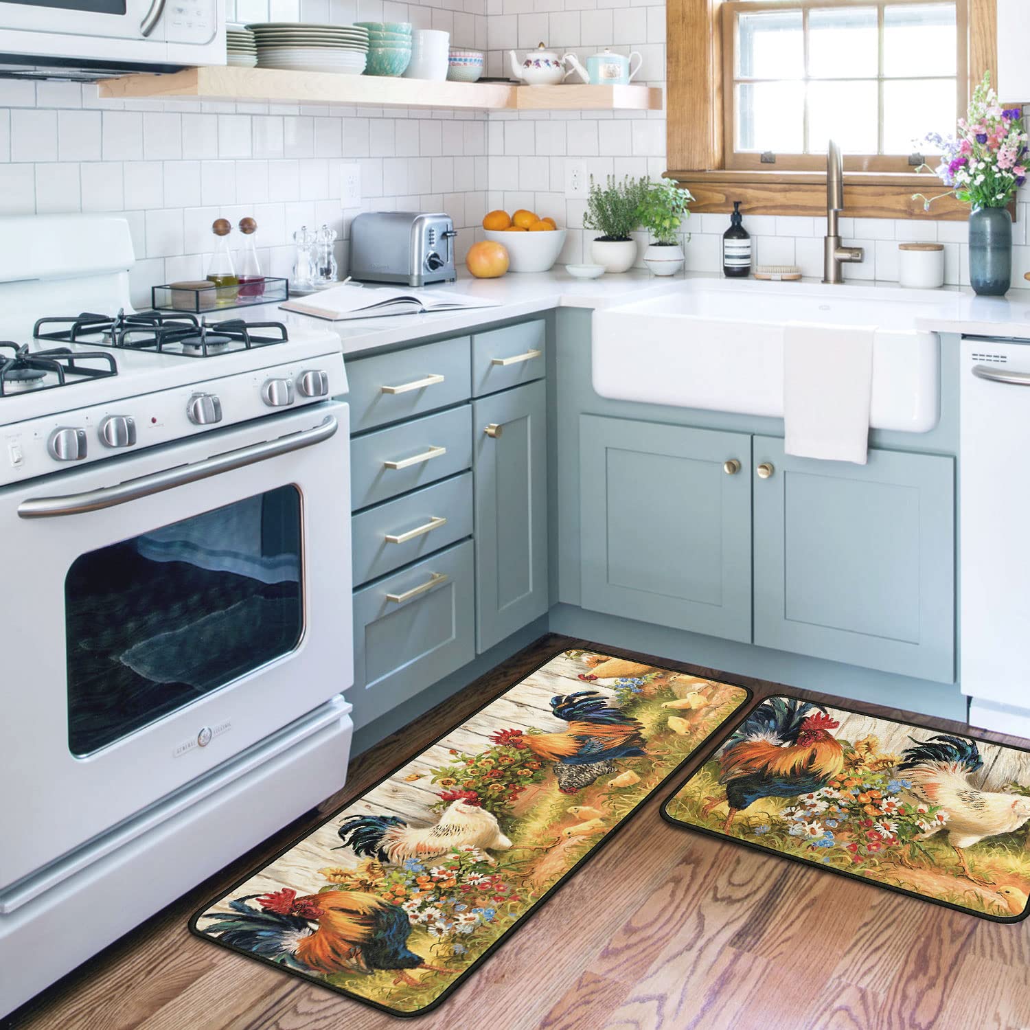 Non-Slip Washable Microfiber Kitchen Rugs Set of 2 - Rooster Design Absorbent Floor Mats (17