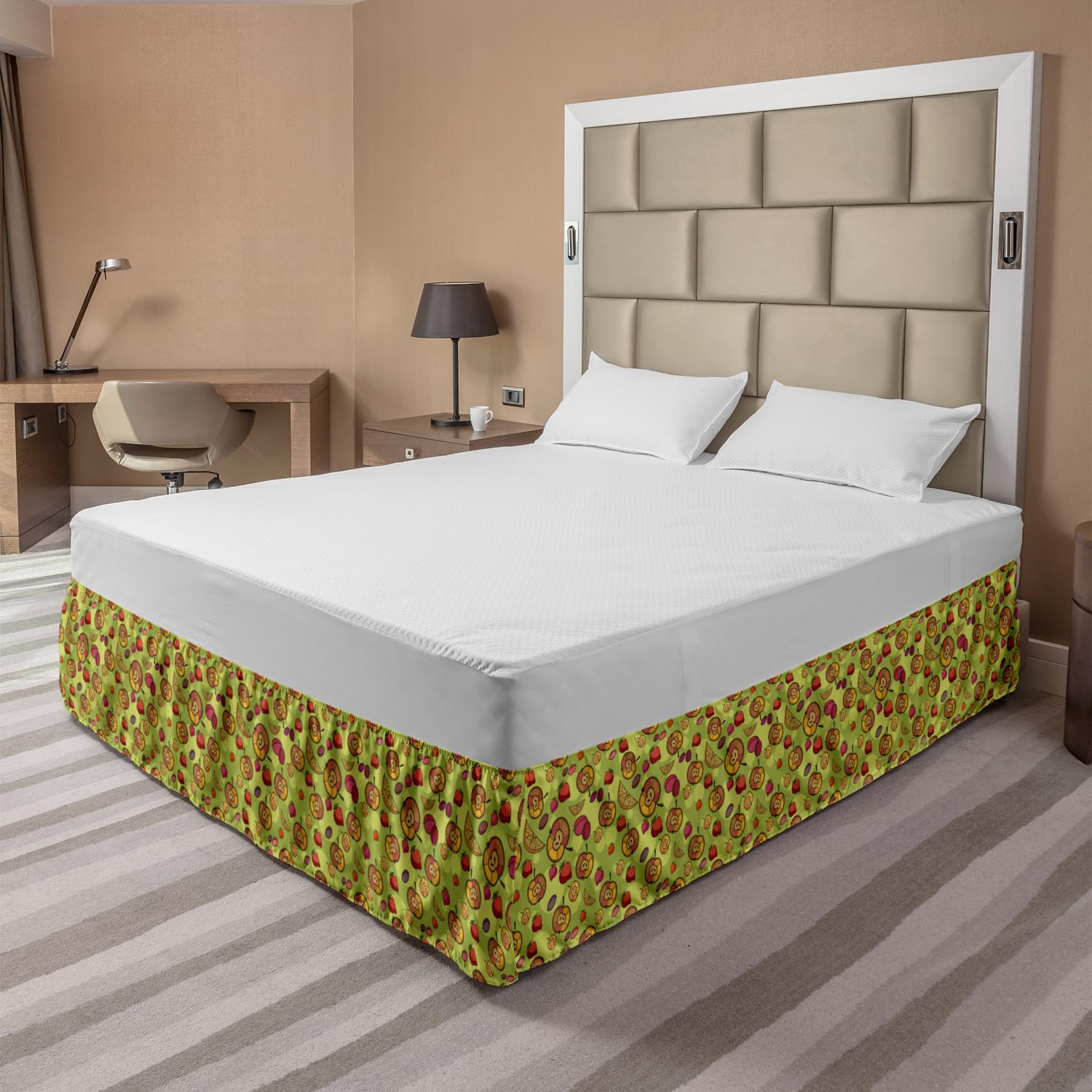 Ambesonne Fruit Bedskirt - Apple Plum Strawberry Print, Queen Size, Pale Green for Bedroom Decor | Dining Room & Guest Room Use