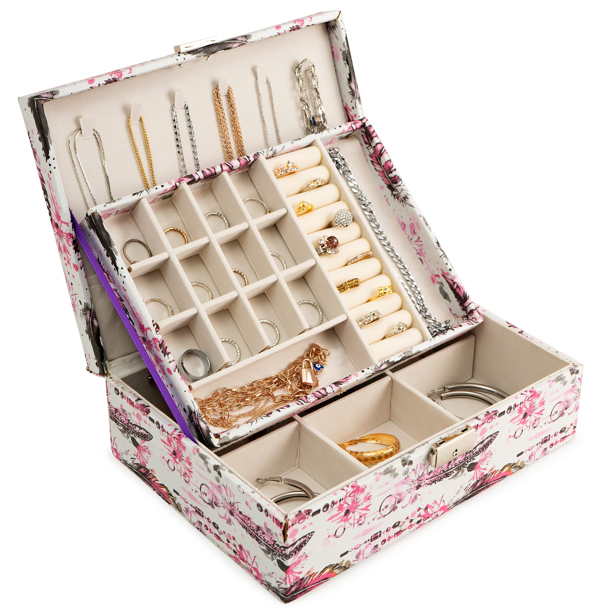 Hivory Jewelry Organizer for Women - 2 Layer PU Leather Jewelry Box with Lock & Removable Compartments for Rings, Earrings, Necklaces & Bracelets (Leaf Pink) | Perfect for Travel, Home Vanity & Gift Giving