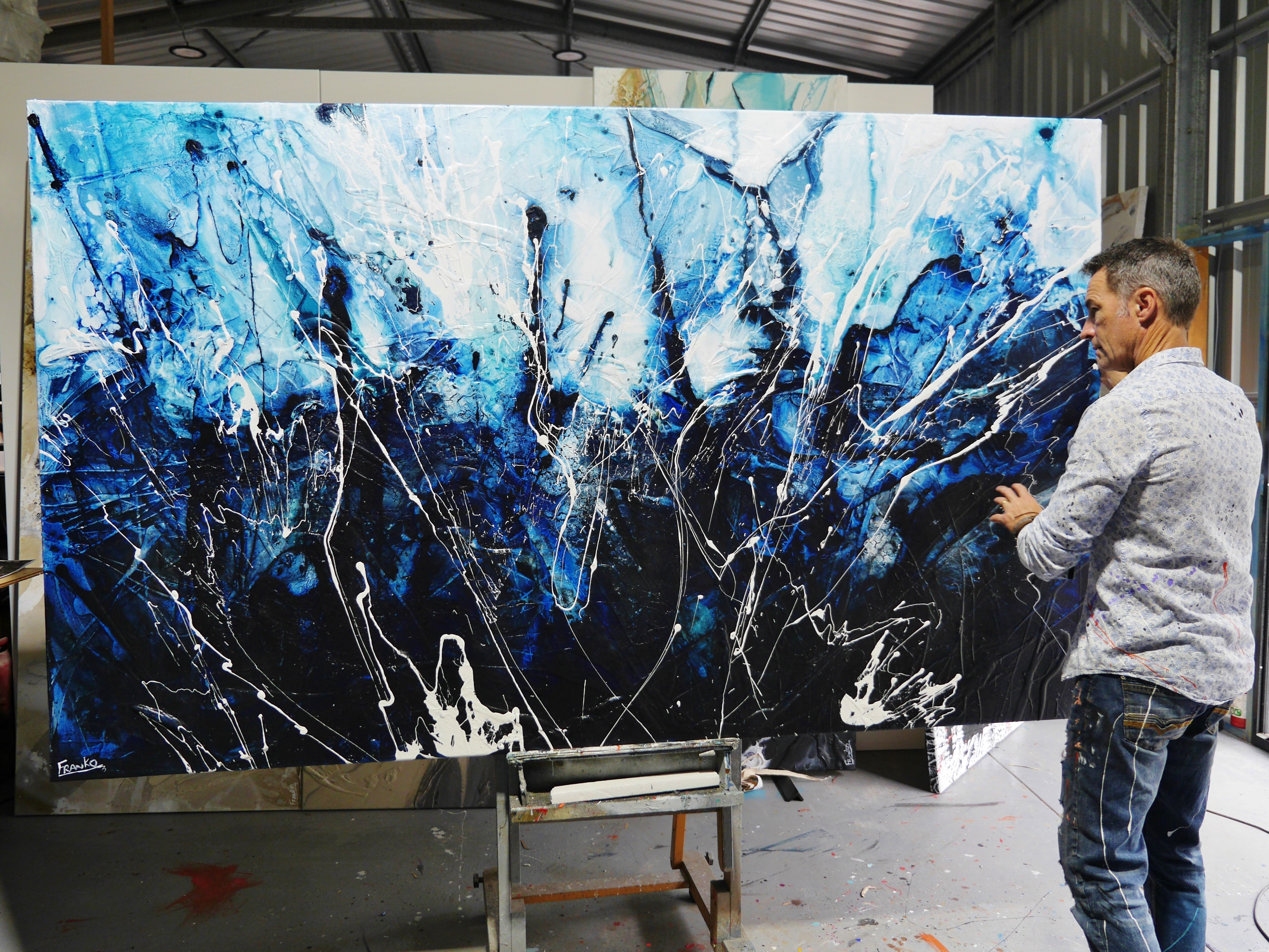 Expanding Evolution 250cm x 150cm Blue Textured Abstract Canvas Art - Modern Wall Decor for Living Room, Bedroom & Office