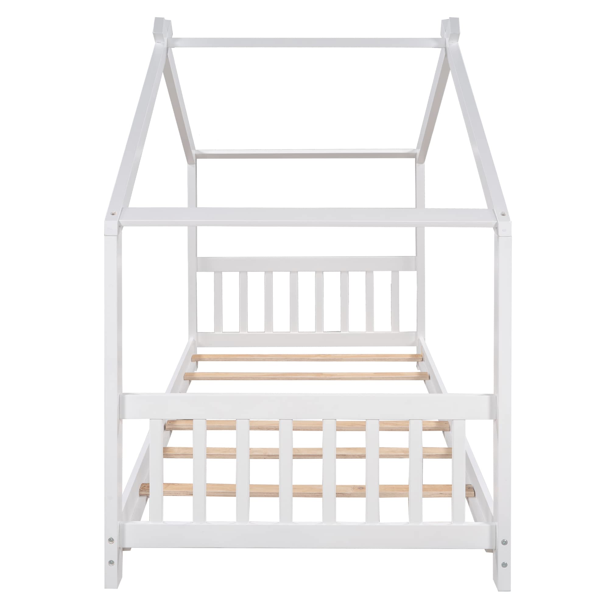 Bellemave Twin House Beds - Wooden Montessori Floor Bed Frame for Kids with Headboard & Footboard, No Box Spring Needed - Perfect for Toddler Rooms, Playrooms & Montessori Classrooms (Twin Size, White)