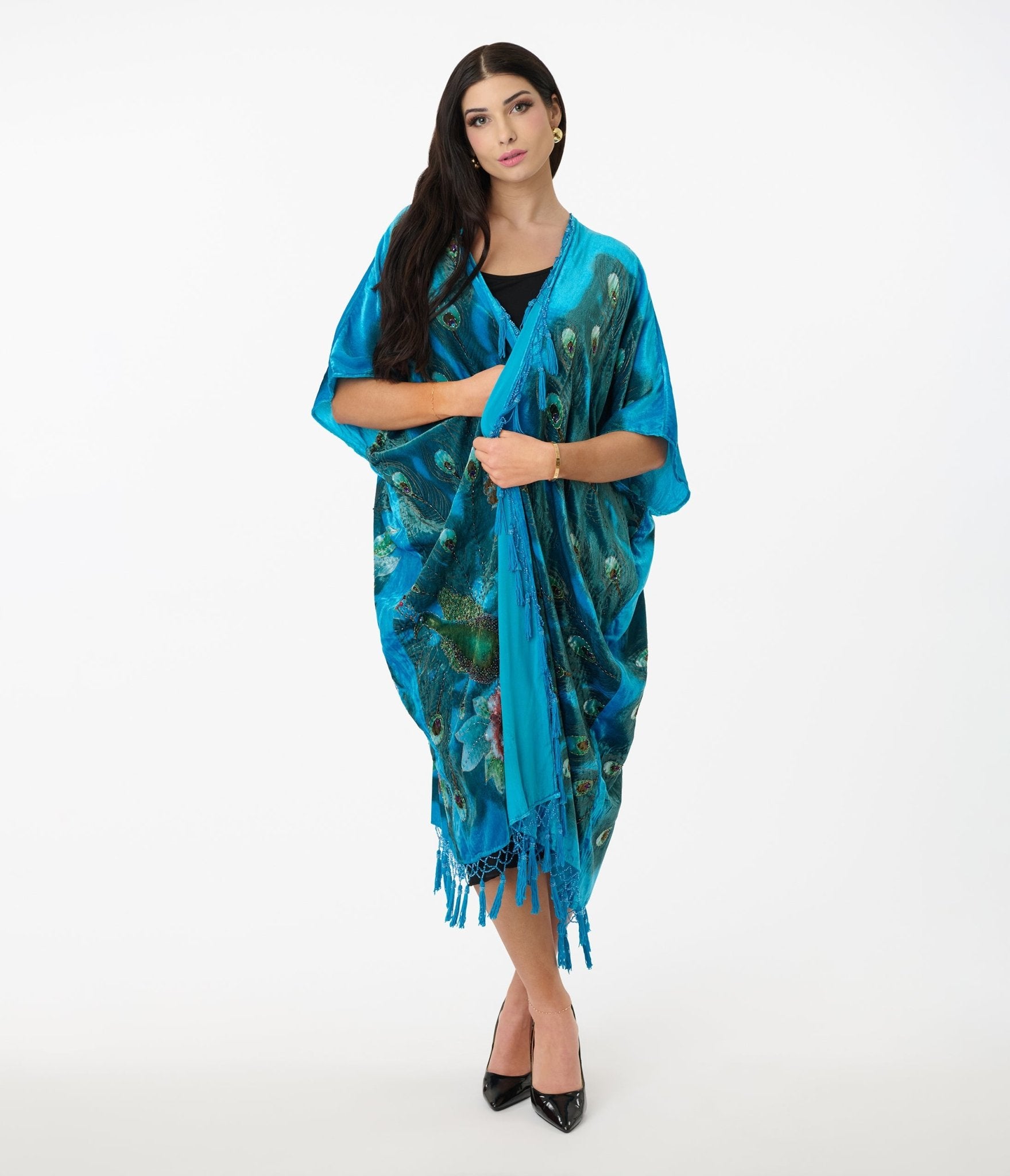 1920s Vintage Turquoise Velvet Beaded Peacock Fringe Scarf Coat - Perfect for Gatsby Parties, Flapper Costumes & Vintage Fashion Shows