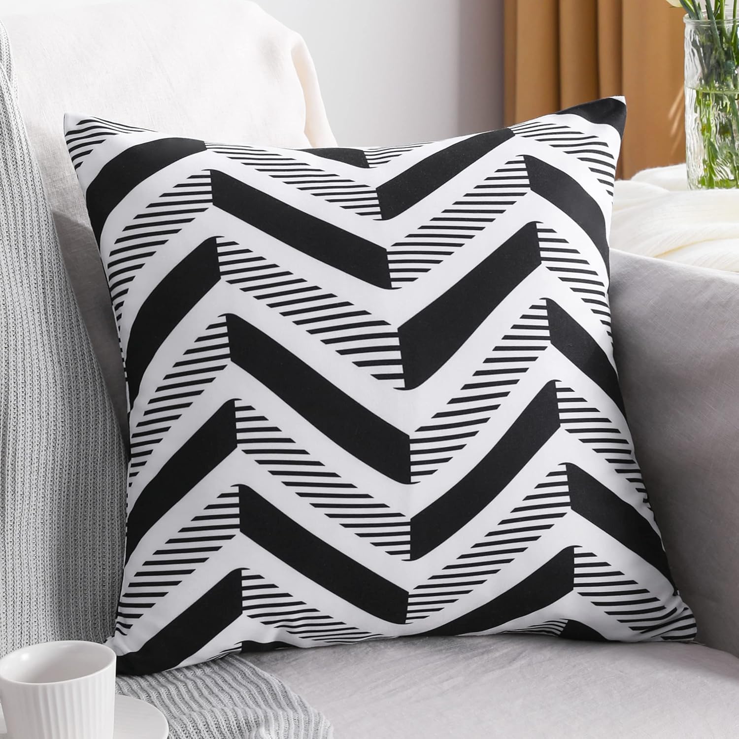 NTBAY Microfiber Geometric Throw Pillow Cover 18x18 Inches - Black and White Modern Design for Sofa, Bed, Couch Decor - Soft Decorative Square Pillow Case for Living Room, Bedroom