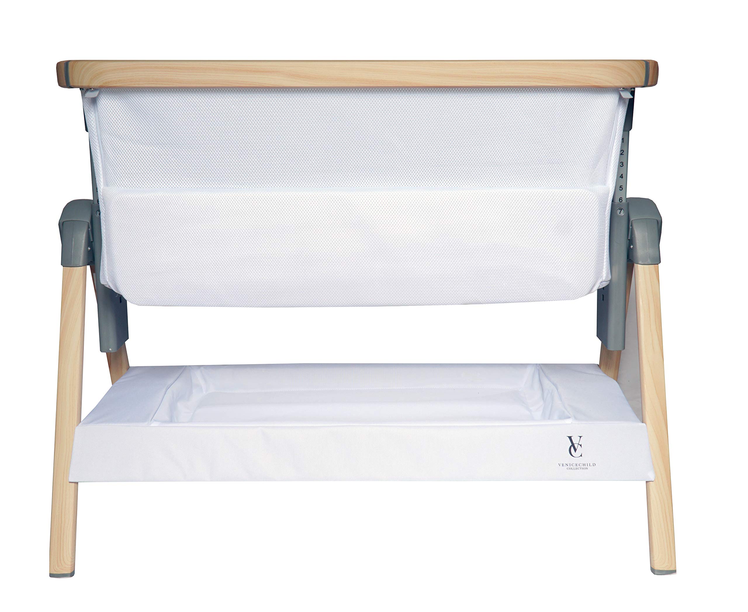 Venice Child California Dreaming Bedside Crib Bassinet with Travel Case - Adjustable Height, Removable Bamboo Mattress & Sheet, Easy to Clean (White) | Perfect for Nursery, Co-Sleeping & Travel