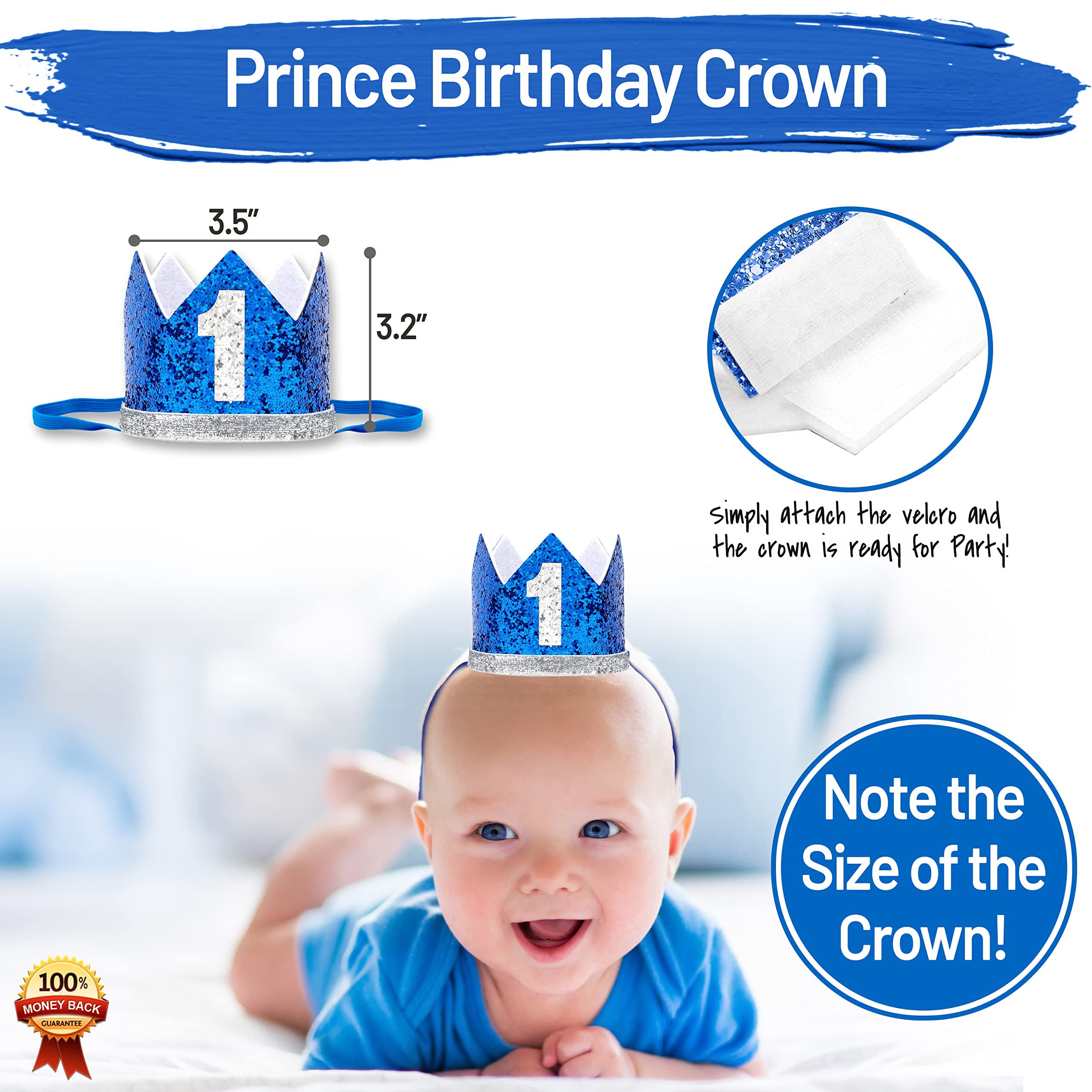 Baby Boy 1st Birthday Decorations Set - Silver & Blue Crown & High Chair Banner for Cake Smash Party - Happy Birthday ONE Burlap Sign - Perfect for First Birthday Photos, Cake Smash Sessions & Milestone Celebrations