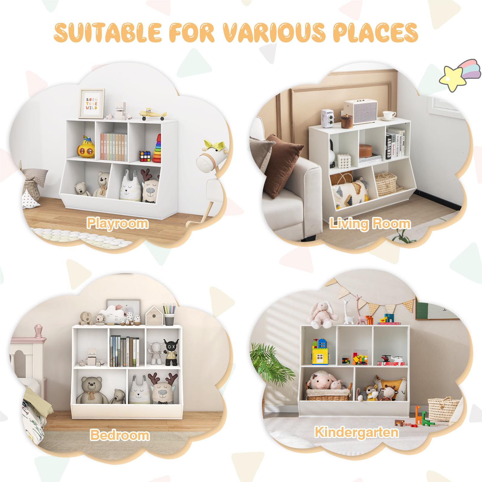 5 Cubby Open Wooden Kids Bookshelf & Toy Organizer - Toddler Playroom Storage for Bedroom, Nursery, and Daycare Organization