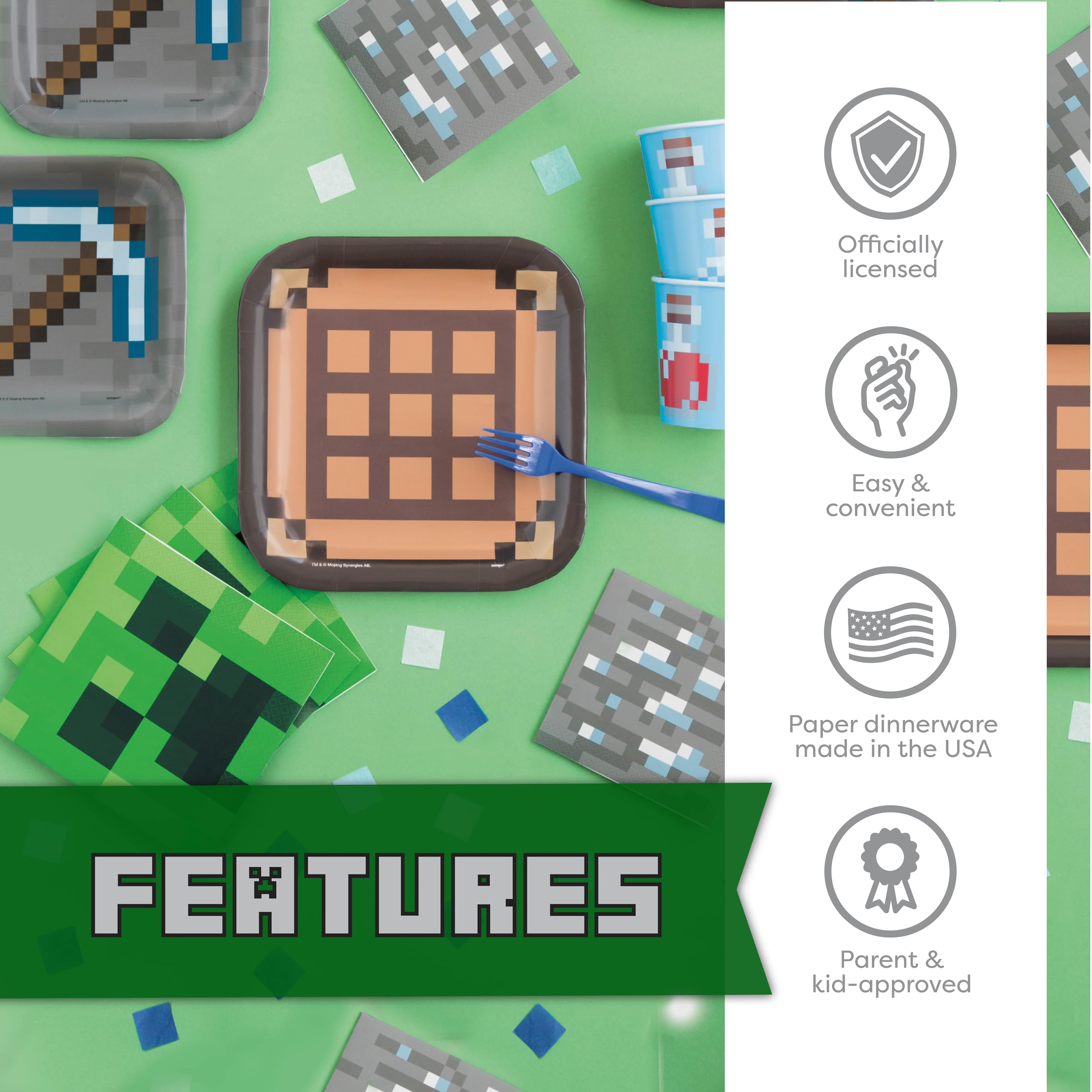 Minecraft Party Supplies Set for 16 Guests - Includes Table Cover, Plates, Napkins, Cups & Buttons - Perfect for Birthday Parties, Themed Events & Gaming Celebrations