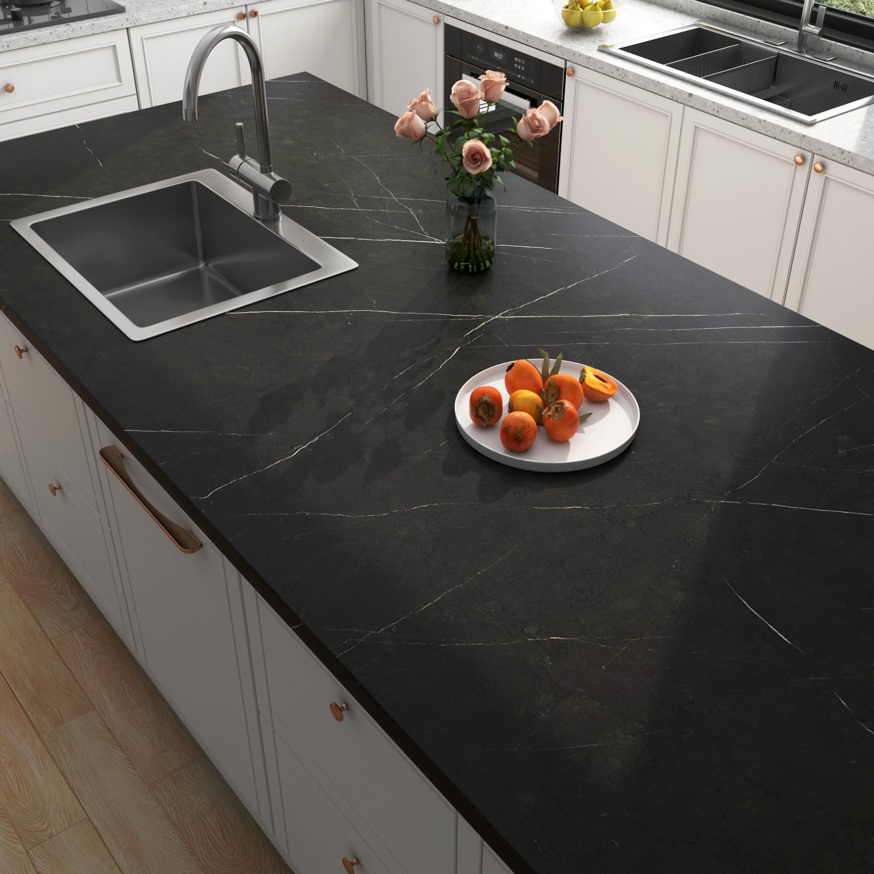 FunStick Black Marble Contact Paper - Waterproof Peel & Stick Self-Adhesive Wallpaper for Countertops, Kitchen Cabinets, Bathroom, Desks (12
