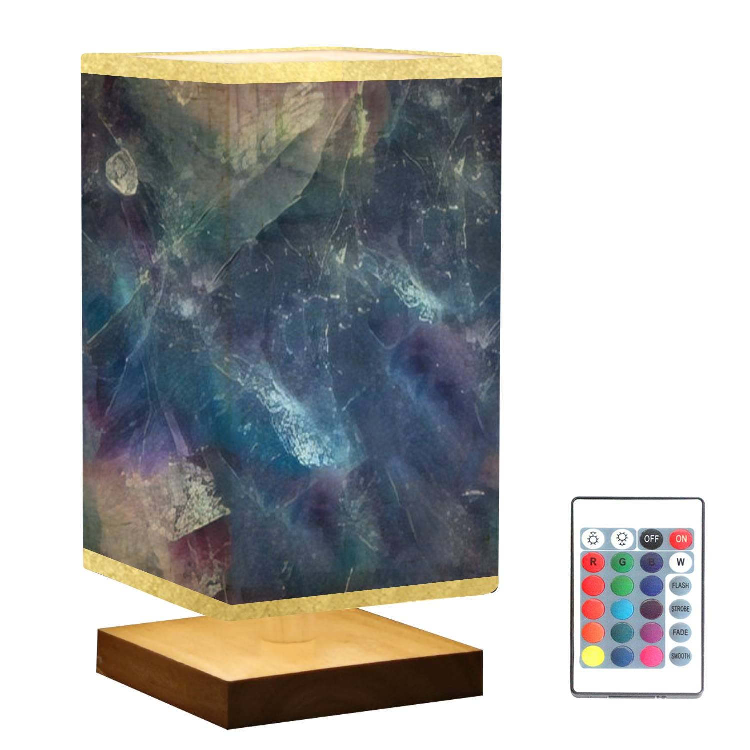 Dimmable Square Bedside Table Lamp with Natural Stone Green & Purple Fluorite Crystals, Wooden Base & Flaxen Fabric Shade - Perfect Nightstand Lamp for Bedroom, Living Room, Office, or Reading Nook