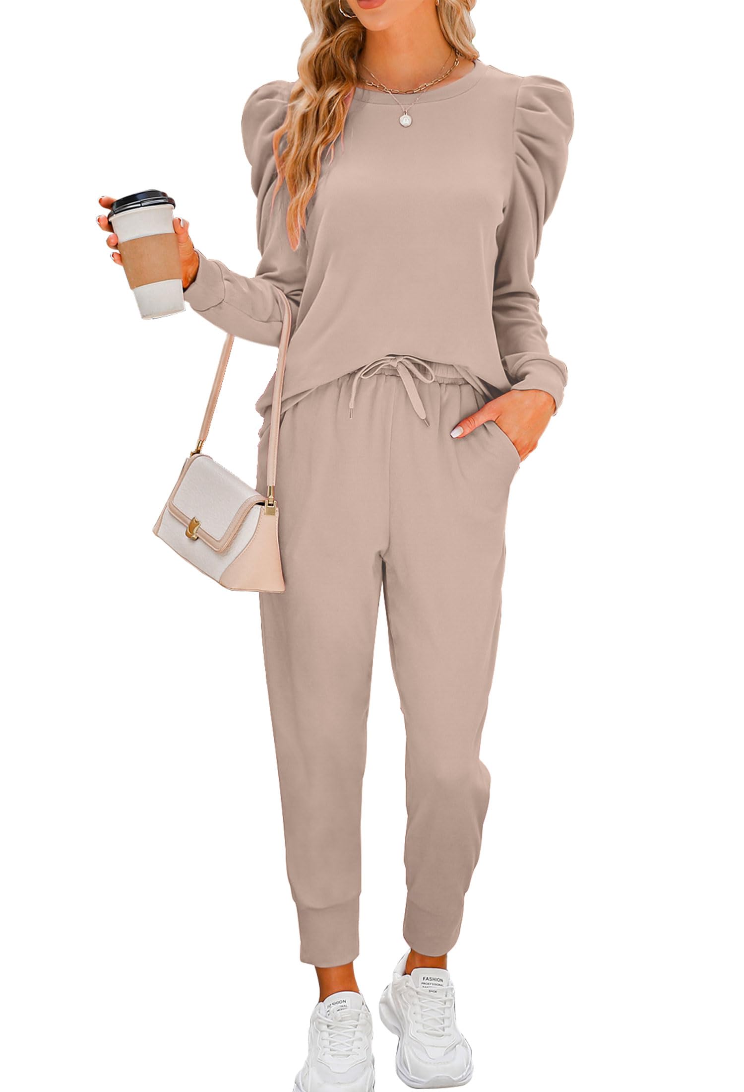 Onedreamer Women's 2-Piece Sweatsuit Set - Puff Long Sleeve Crewneck Pullover Sweatshirt & Jogger Pants Lounge Outfit | Casual Wear, Yoga, Gym, Running, Travel & Home Relaxation
