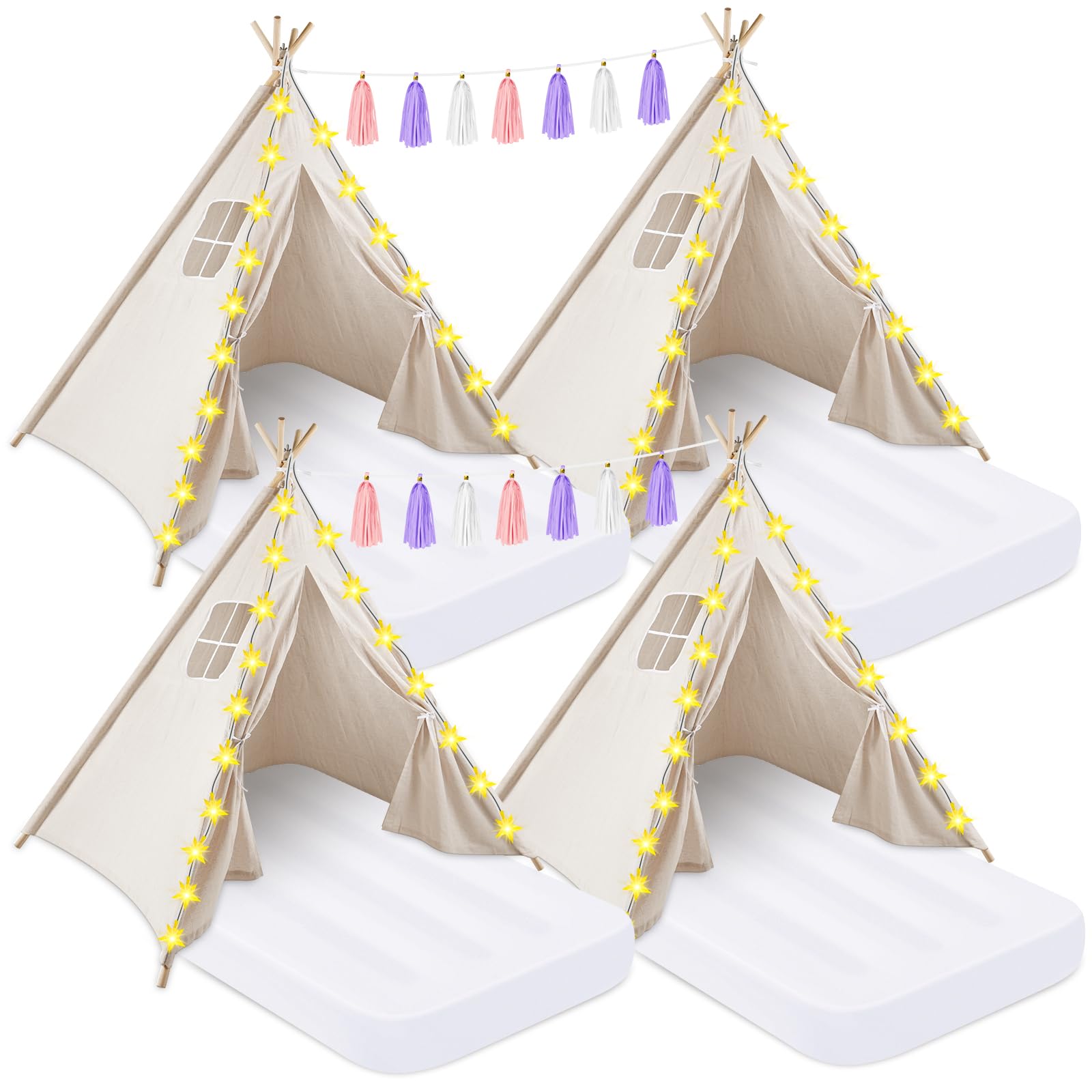 PLULON 4 Pack Kids Teepee Tent for Girls - Indoor Play Tent with Inflatable Airbed & Decorations - White Teepee for Slumber Parties, Sleepovers, Christmas & Birthday Gifts - Perfect for Kids' Room Decor, Playtime & Special Occasions
