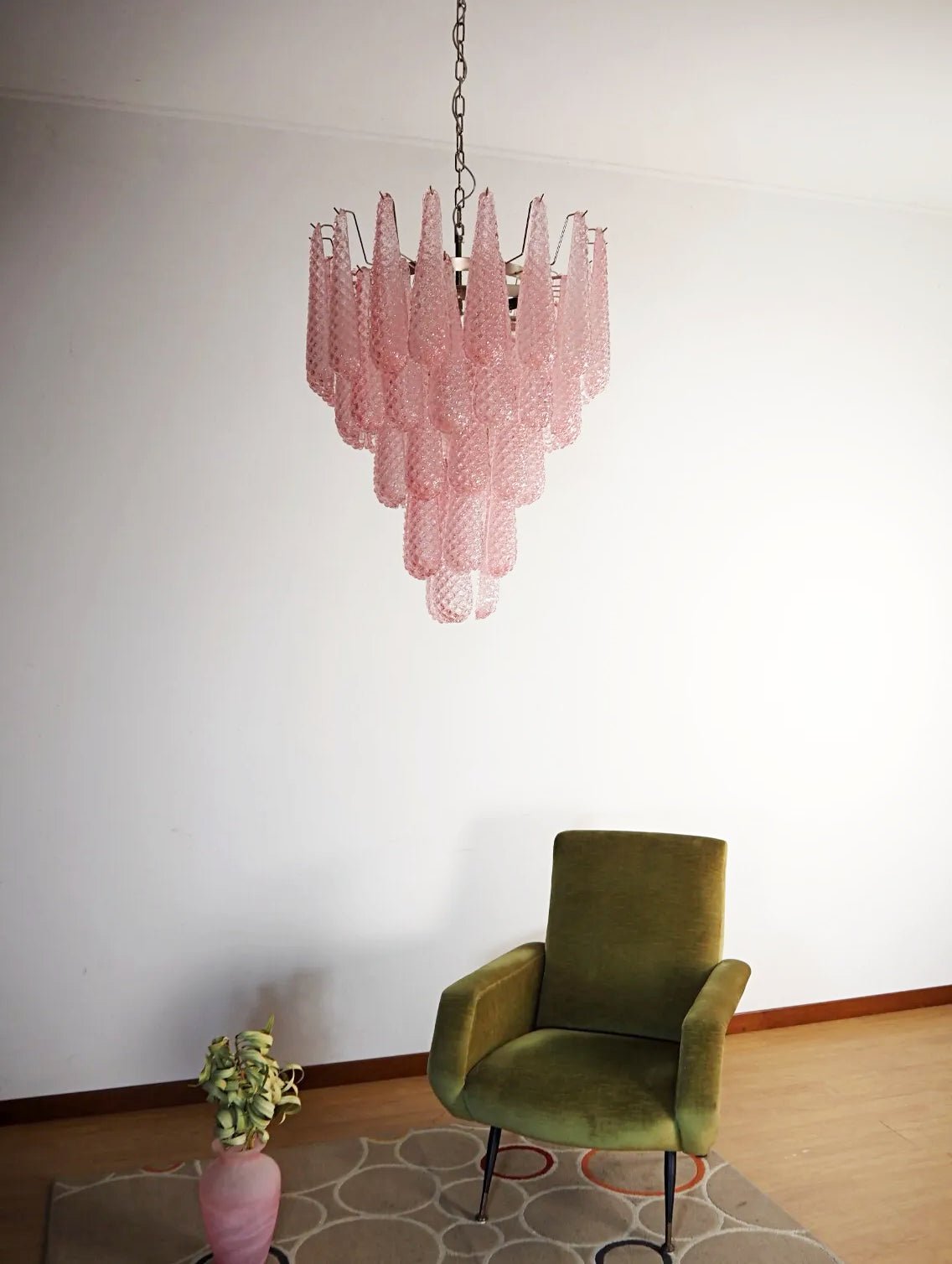 Murano Pink Glass Dewdrop Chandelier - Handmade Italian Crystal Pendant Light Fixture for Dining Room, Bedroom & Living Room Decor