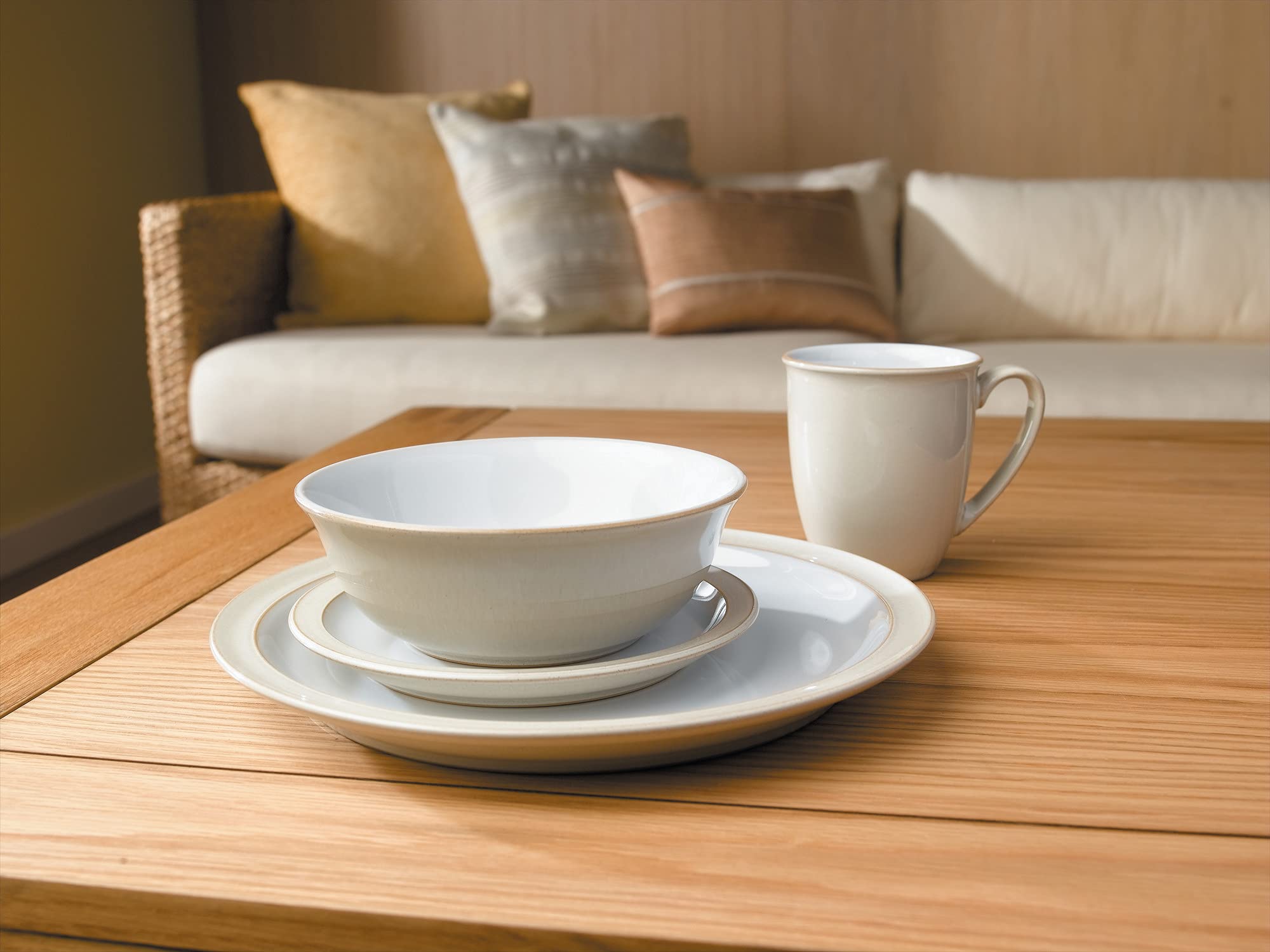 Denby Linen Cream White 4-Piece Ceramic Dinnerware Set - Includes Dinner Plate, Small Plate, Cereal Bowl & Coffee Mug - Dishwasher Safe Stoneware for Everyday Use - Perfect for Home Dining, Entertaining & Gifts