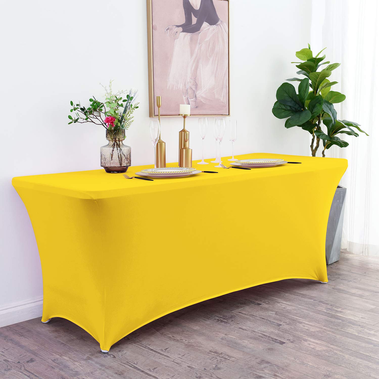 ManMengJi Spandex Table Cover 4 ft - Stretchable Rectangular Fitted Tablecloth for Standard Folding Tables - Waterproof & Wrinkle-Resistant - Perfect for Weddings, Banquets, Parties & Events (Yellow) - Ideal for Indoor/Outdoor Dining, Buffets & Holiday Decorations