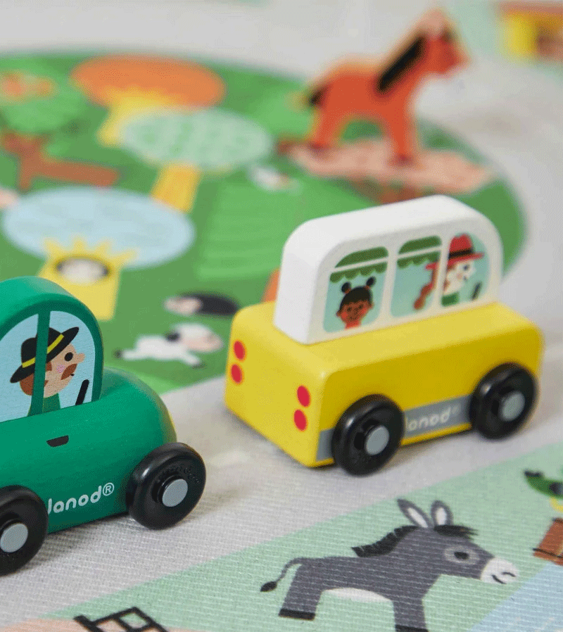Janod Wooden Van Crossroads Toy - Educational Countryside-Themed Wooden Vehicle Playset for Kids | Perfect for Pretend Play, Storytelling & Early Learning