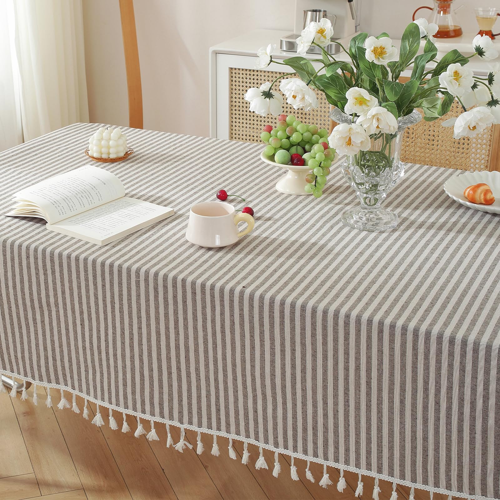 Meioro Striped Fringe Tablecloth - 55x102 Inch Coffee Brown Cotton Linen Rectangular Table Cover for Dining, Coffee, Buffet, Kitchen, Picnic Tables - Perfect for Parties, Holidays, Weddings & Outdoor Gatherings