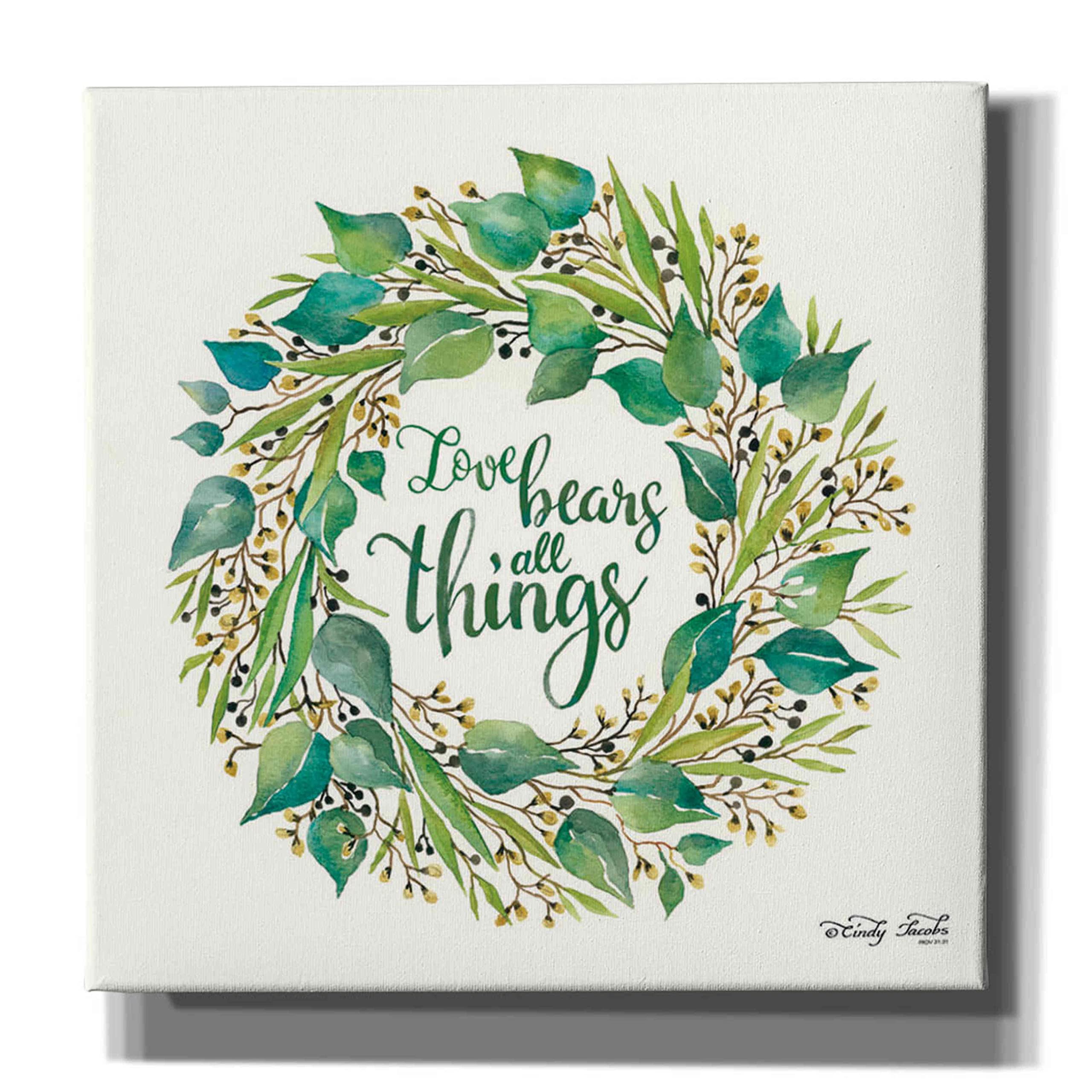 Epic Graffiti 'Love Bears All Things' Eucalyptus Wreath Canvas Wall Art - 37x37 Inches Inspirational Home Decor for Living Room, Bedroom & Office