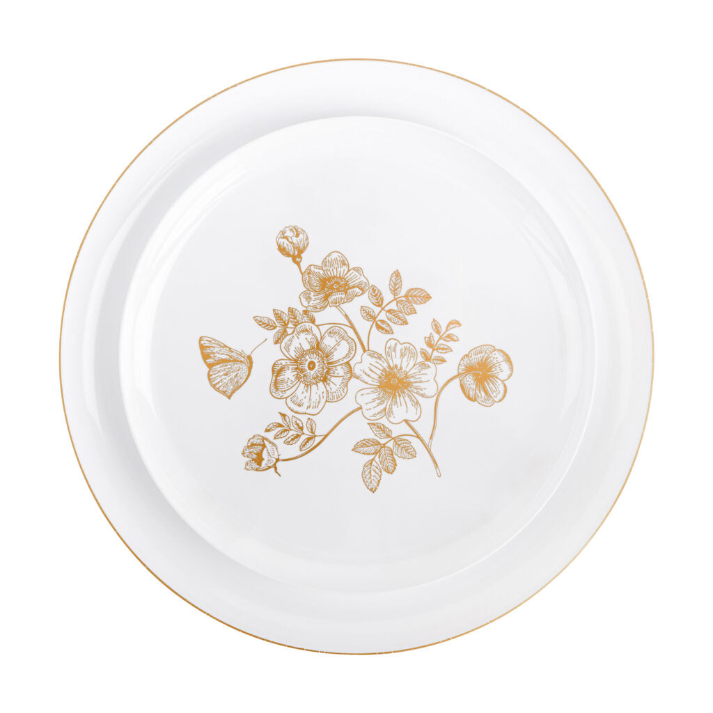 20-Pack White and Gold Round Plastic Dinnerware Set for 10 Guests - Elegant French Toile Design - Perfect for Weddings, Parties, and Outdoor Dining