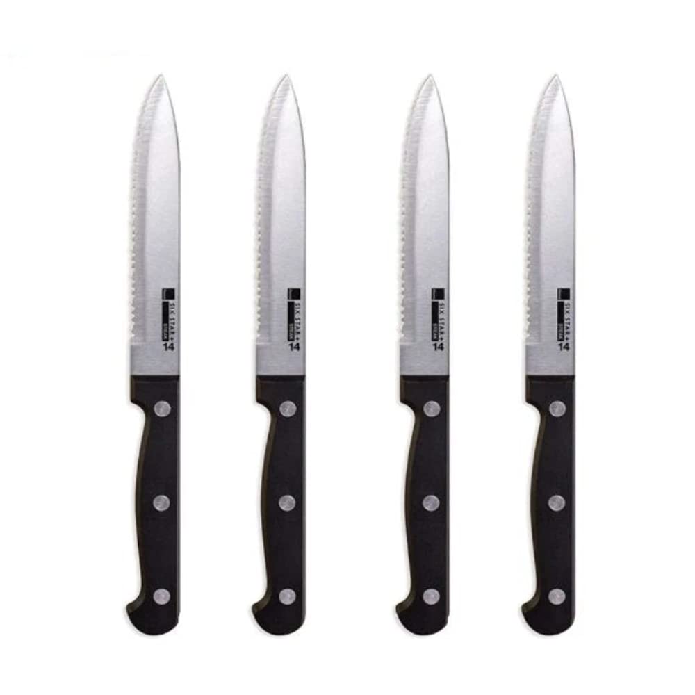 Premium Ronco 4-Piece Steak Knife Set - Stainless Steel Serrated Blades with Full-Tang Design - Triple-Riveted Ergonomic Handles - Perfect for Steak Dinners, BBQ Parties & Fine Dining Experience