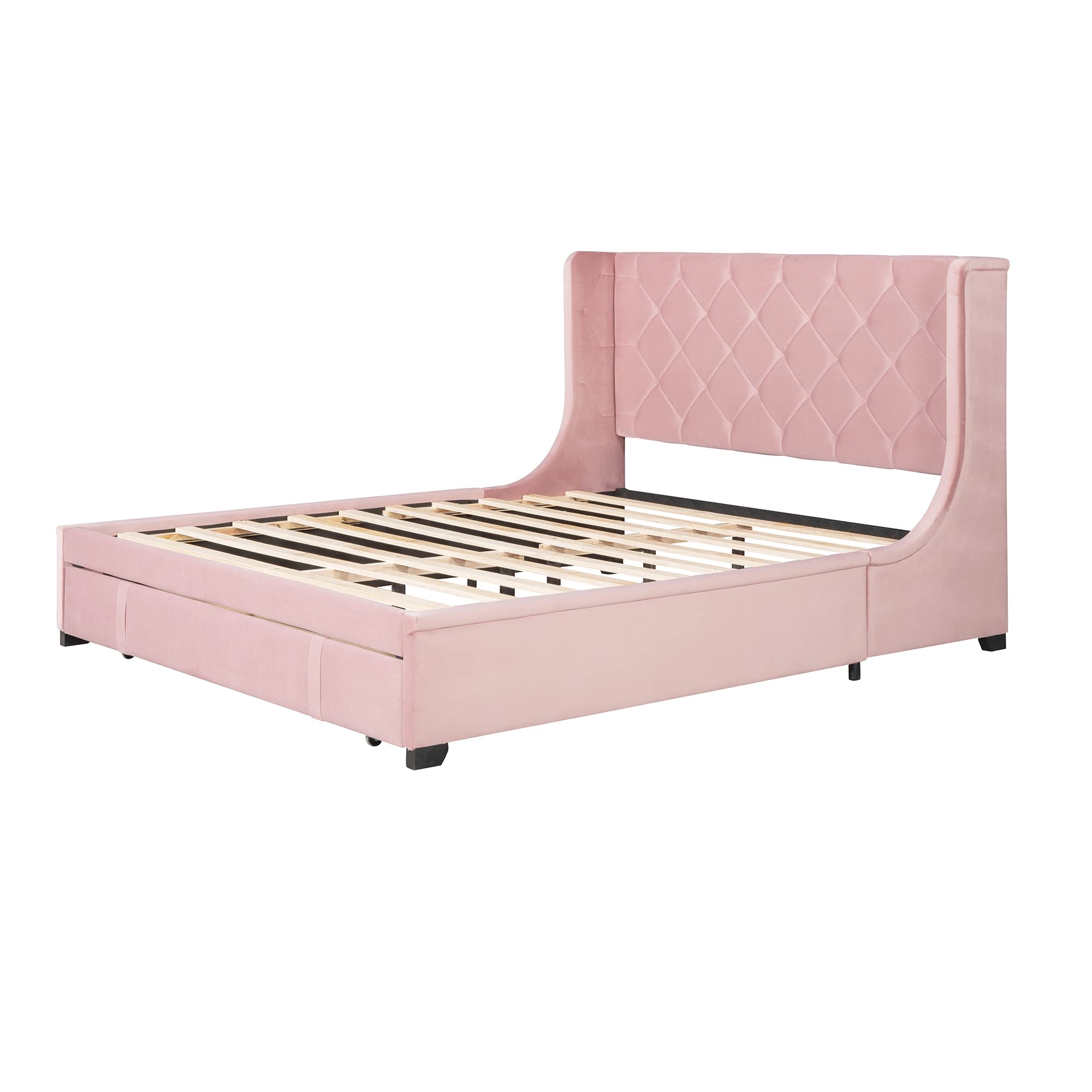 P PURLOVE Queen Size Velvet Upholstered Platform Bed Frame with Wingback Headboard & Storage Drawer - No Box Spring Needed, Easy Assembly (Pink) | Modern Bedroom Furniture for Small Spaces & Guest Rooms
