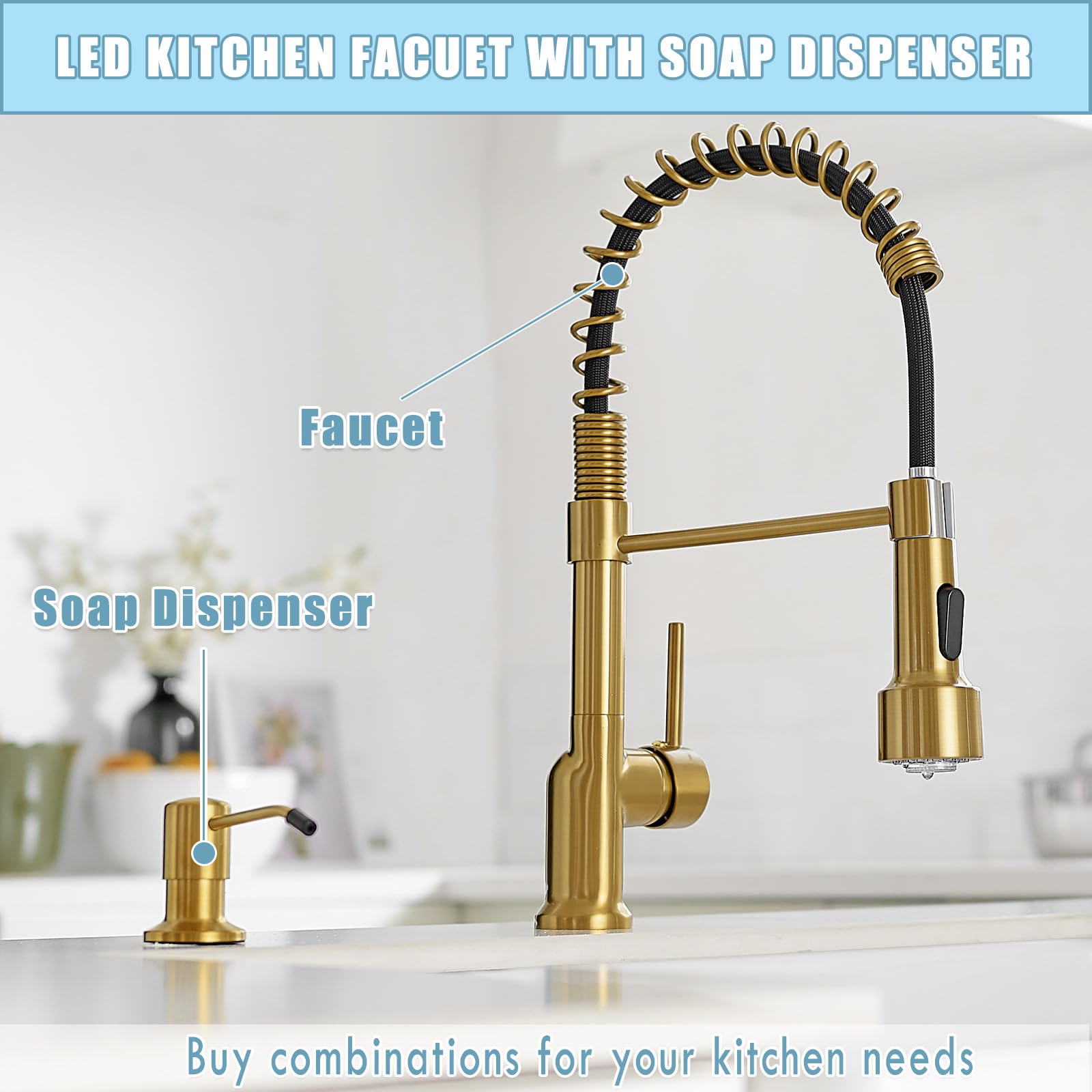 Premium GIMILI Gold LED Kitchen Faucet with Soap Dispenser - Modern Single Handle Pull Down Sprayer Sink Faucet for Contemporary Kitchens | Perfect for Cooking, Washing Dishes & Home Renovation