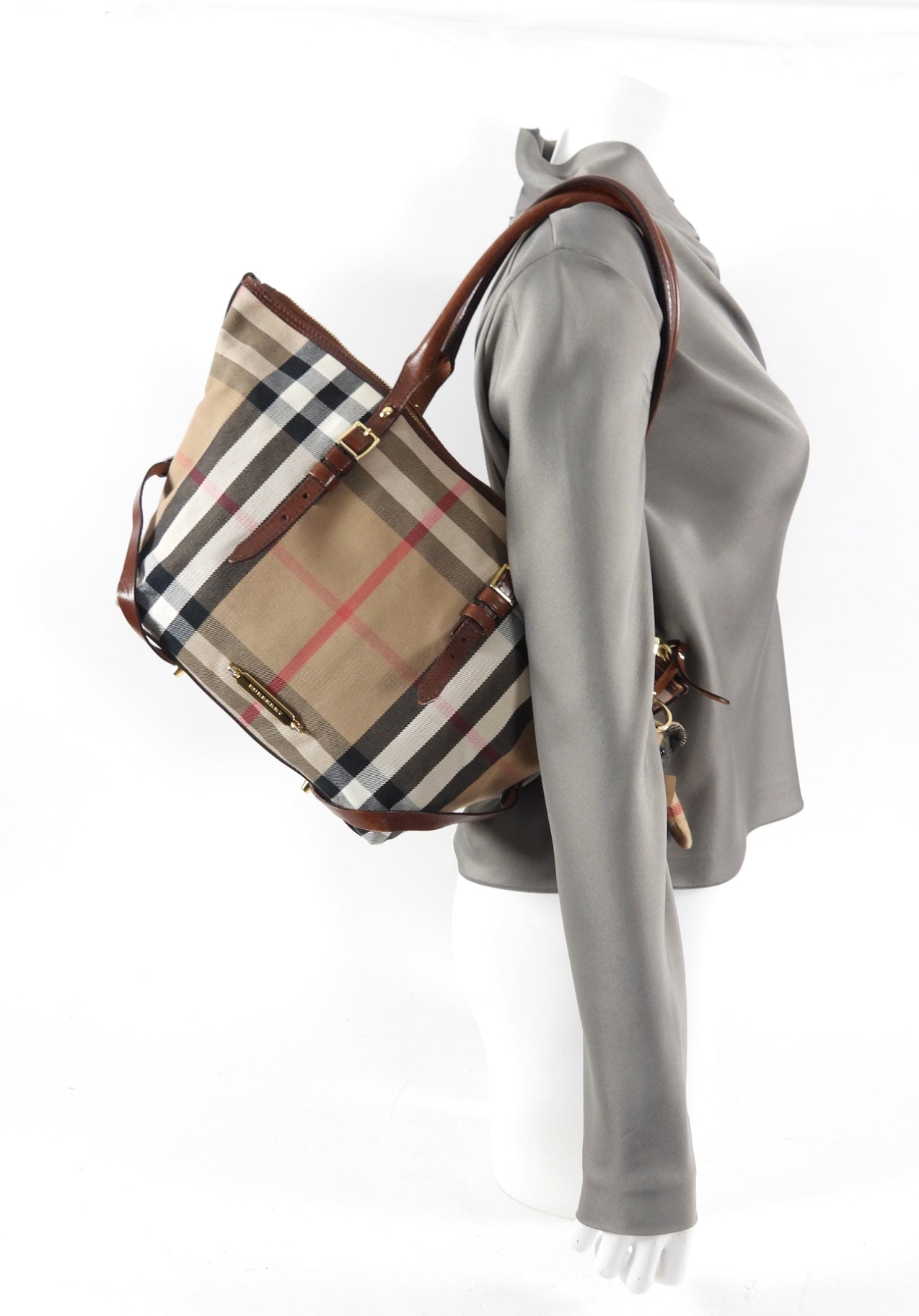 Burberry Check Fabric Tote Bag with Teddy Bear Charm - Stylish Designer Handbag for Women, Perfect for Work, Travel & Everyday Use