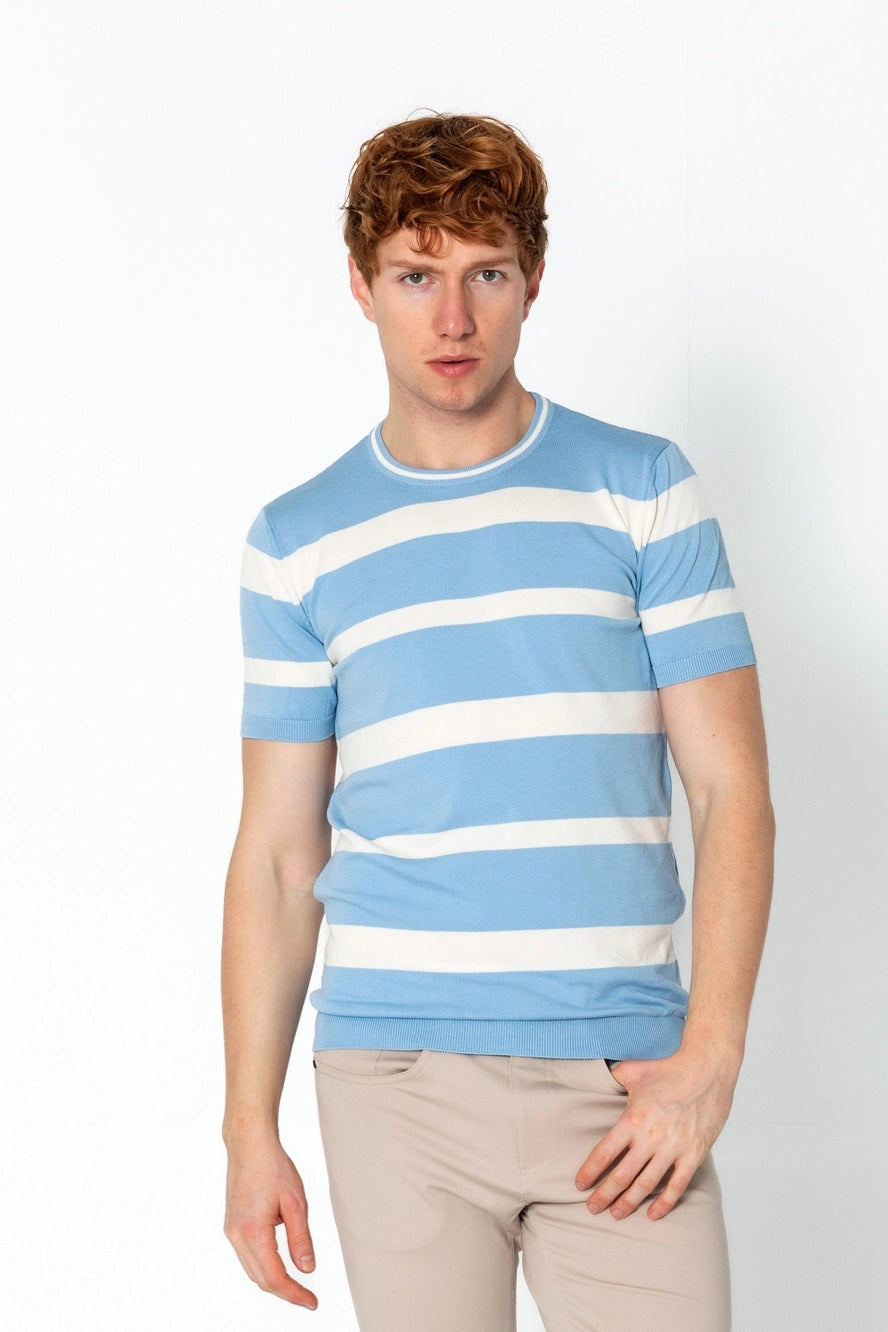 RNT23 Striped Knit T-Shirt for Men - Soft Comfortable Casual Blue Tee - Perfect for Everyday Wear, Outings & Layering